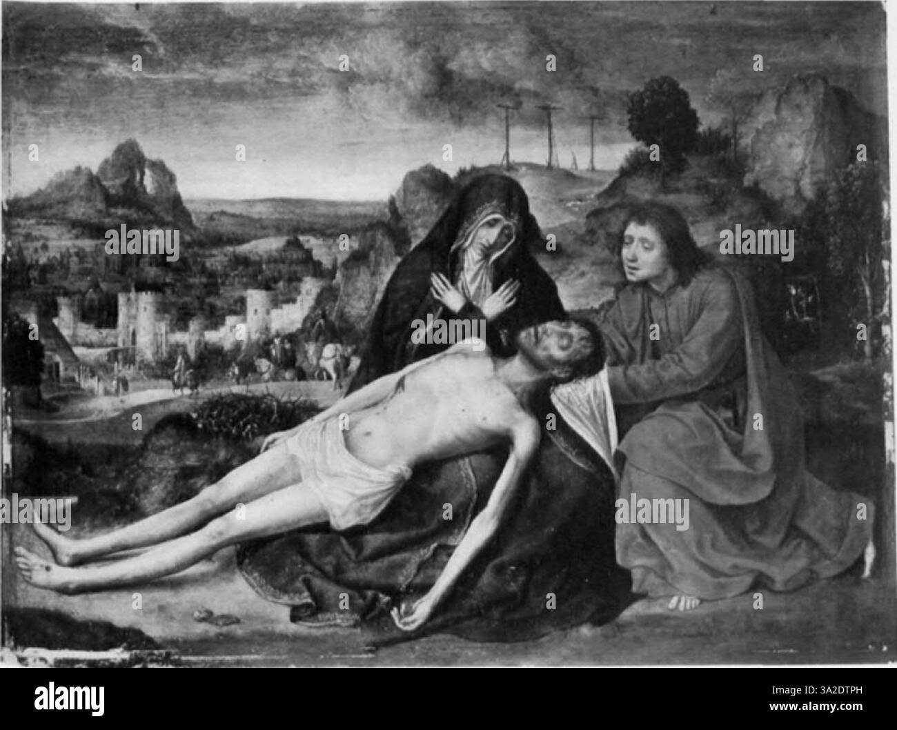 Le opere d'arte di Massys enfatizzano il ritratto dettagliato delle figure religiose, con luce e ombra usate per creare profondità e realismo. Le espressioni facciali e le texture aggiungono una risonanza emotiva alla scena. Foto Stock