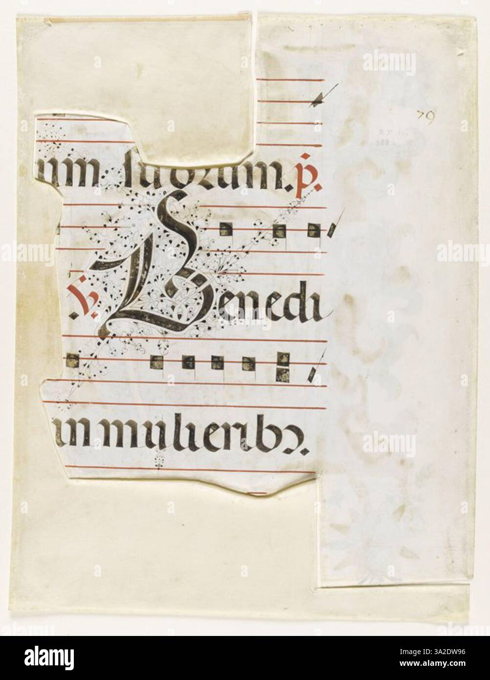 Questo verso di un manoscritto di Lorenzo Monaco presenta passaggi scritti e dettagli ornamentali, tipici dello stile gotico trecentesco dell'illuminazione manoscritta. Foto Stock