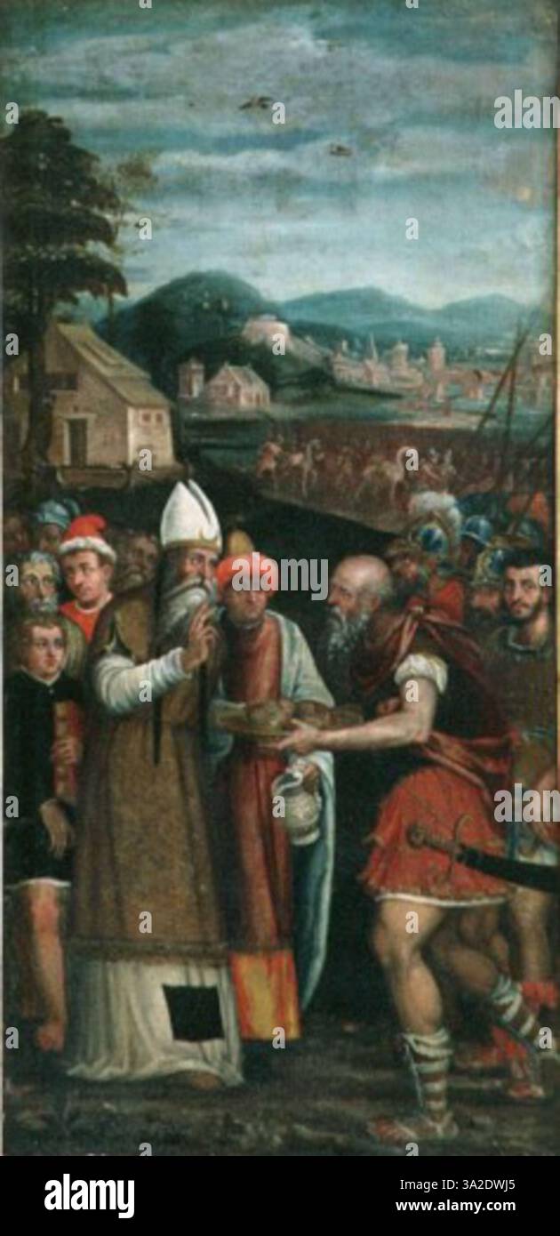 "Melchisedec offre pane e vino" raffigura la figura biblica Melchizedek che offre pane e vino ad Abramo. Questo atto di benedizione simboleggia l'Eucaristia cristiana. L’attenzione di Schiavone sullo scambio solenne enfatizza la natura sacra del gesto. Foto Stock