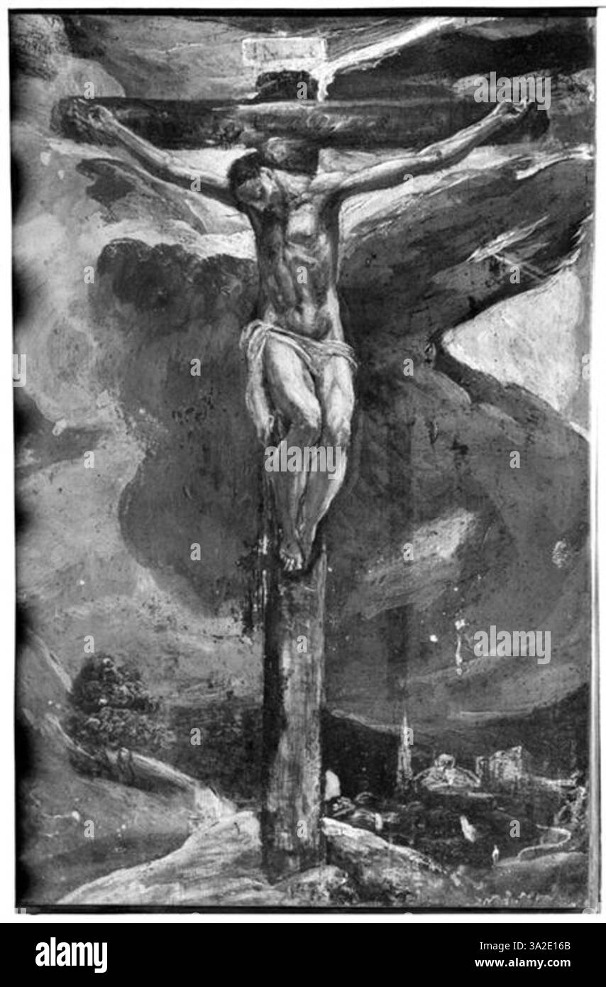 Il *Cristo crocifisso* di El Greco dalla sua bottega raffigura Cristo sulla croce in un potente momento di sacrificio. I toni cupi e le forme allungate riflettono l'intensità emotiva dell'evento. Foto Stock