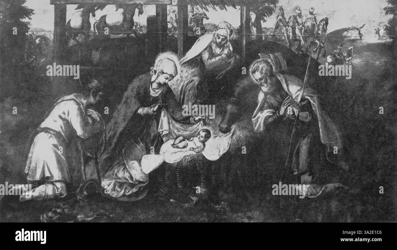 Questo pezzo di Jacopo Tintoretto mette in mostra la sua composizione dinamica e i drammatici contrasti di luce e ombra. Le figure, piene di emozione e movimento, evidenziano l’intensità della narrazione religiosa o storica della scena. Foto Stock