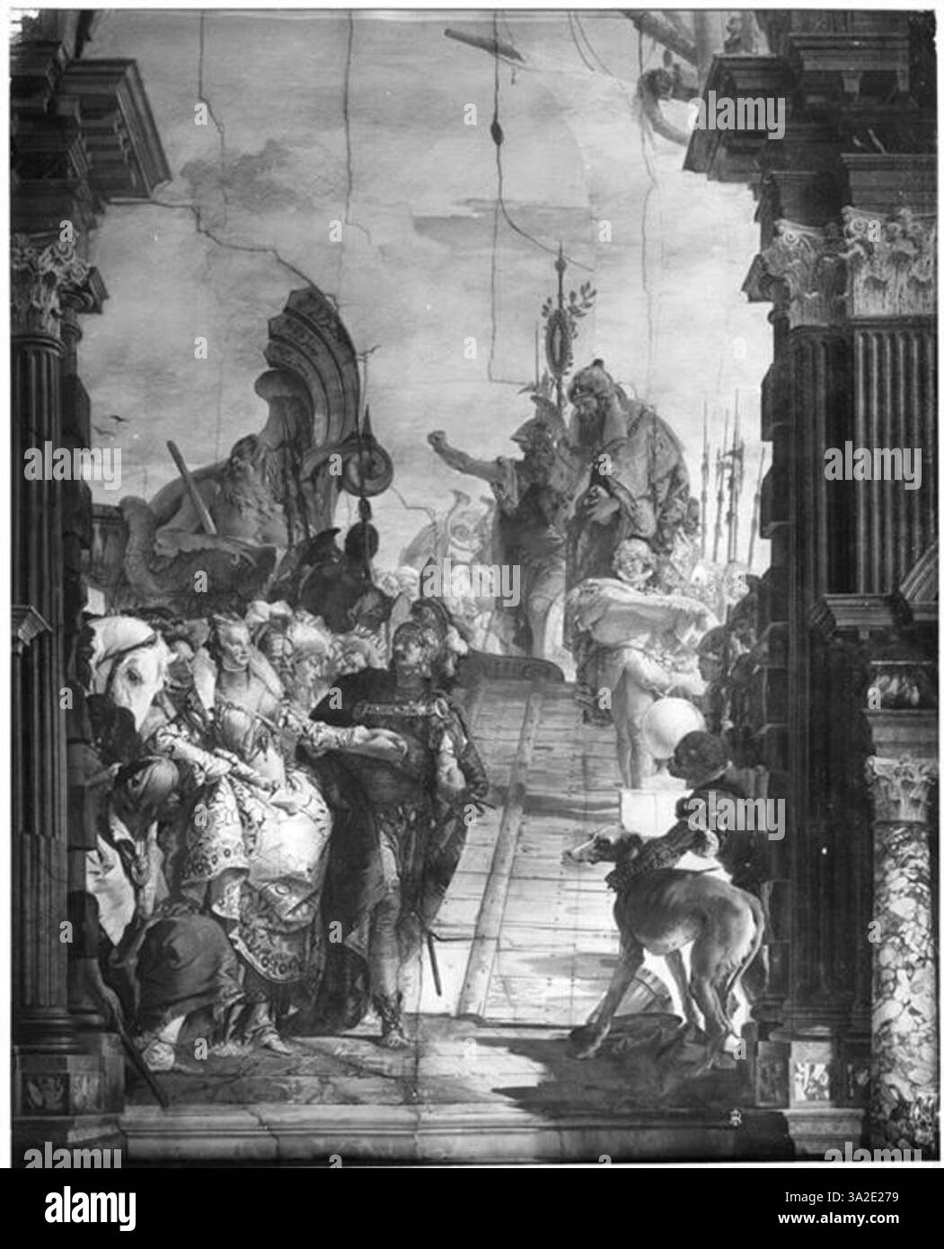 L'incontro di Antonio e Cleopatra di Tiepolo cattura l'intenso momento del loro incontro storico. L'uso da parte dell'artista di colori vivaci e figure drammatiche accresce il significato emotivo e storico del momento. Foto Stock