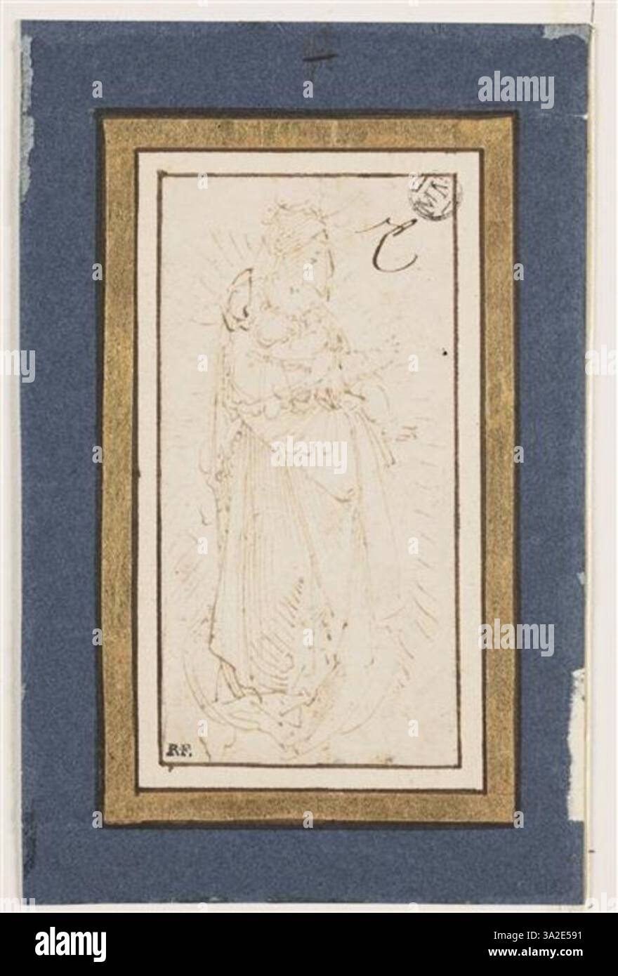 Questo disegno mostra la Vergine con il bambino in gloria, con la Vergine raffigurata per tre quarti su una luna crescente. L'opera esemplifica l'abilità di Dürer nel combinare immagini religiose con lavori dettagliati di linea. Foto Stock