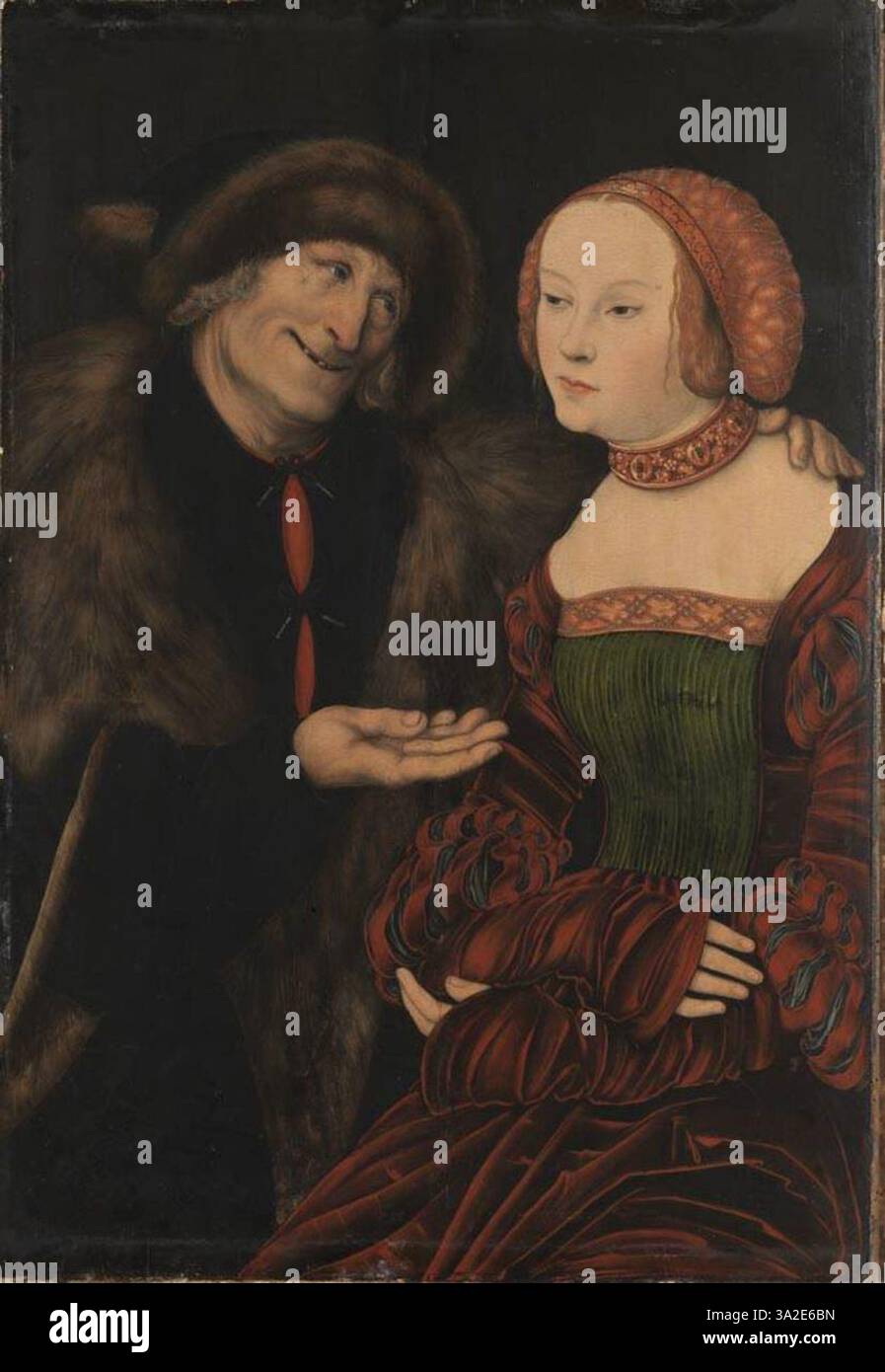 Questo lavoro, intitolato "Ungleiches Paar" (Unequal Pair), del laboratorio di Lucas Cranach il Vecchio, presenta un ritratto satirico di un uomo più anziano con una donna molto più giovane, probabilmente commentando le norme sociali in materia di età e relazioni. Foto Stock