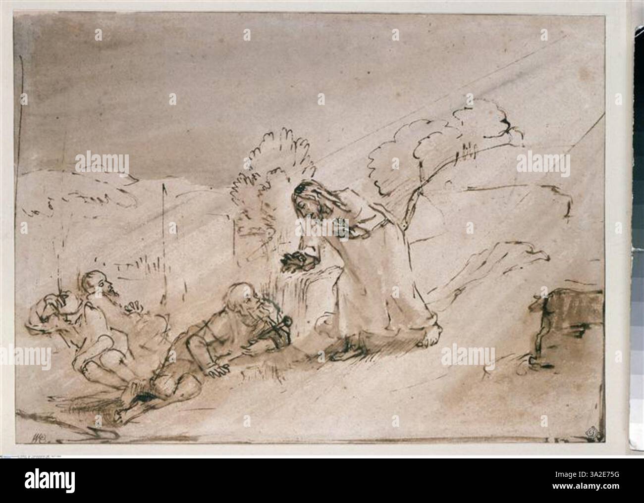 Questo dipinto ritrae Cristo rivolto agli apostoli addormentati nel Giardino del Getsemani. Rembrandt cattura la tensione emotiva del momento, usando contrasti di luce drammatici per concentrarsi sull'espressione di Cristo e sulla vulnerabilità degli apostoli. Foto Stock