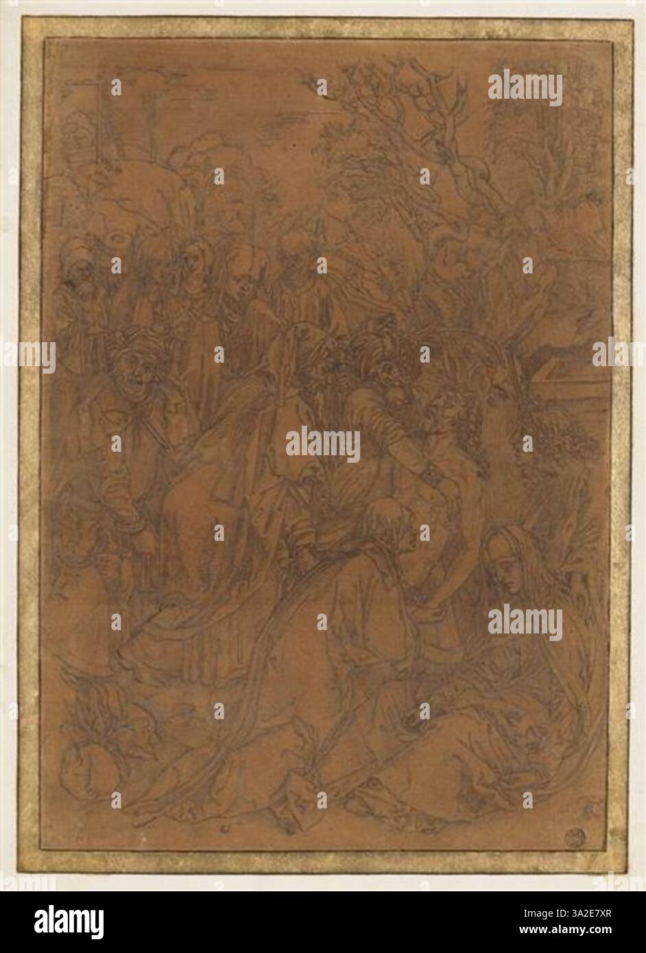 Questo pezzo di Albrecht Dürer è una rappresentazione della deposizione, raffigurante il momento in cui Cristo viene detratto dalla croce. Il disegno si caratterizza per la sua profondità emotiva e per l'intricata rappresentazione di figure in un ambiente cupo e riverente. Foto Stock