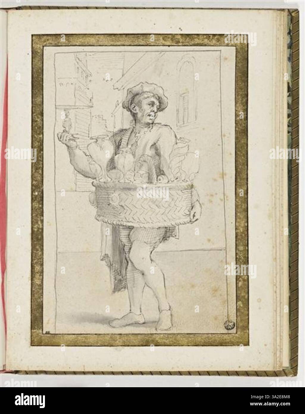 Questo disegno di Annibale Carracci illustra un venditore di vetreria ("Bicchieraro"). La figura è raffigurata in mezzo a una scena di mercato, mostrando oggetti in vetro e offrendo uno sguardo sulla cultura materiale del tempo. Foto Stock