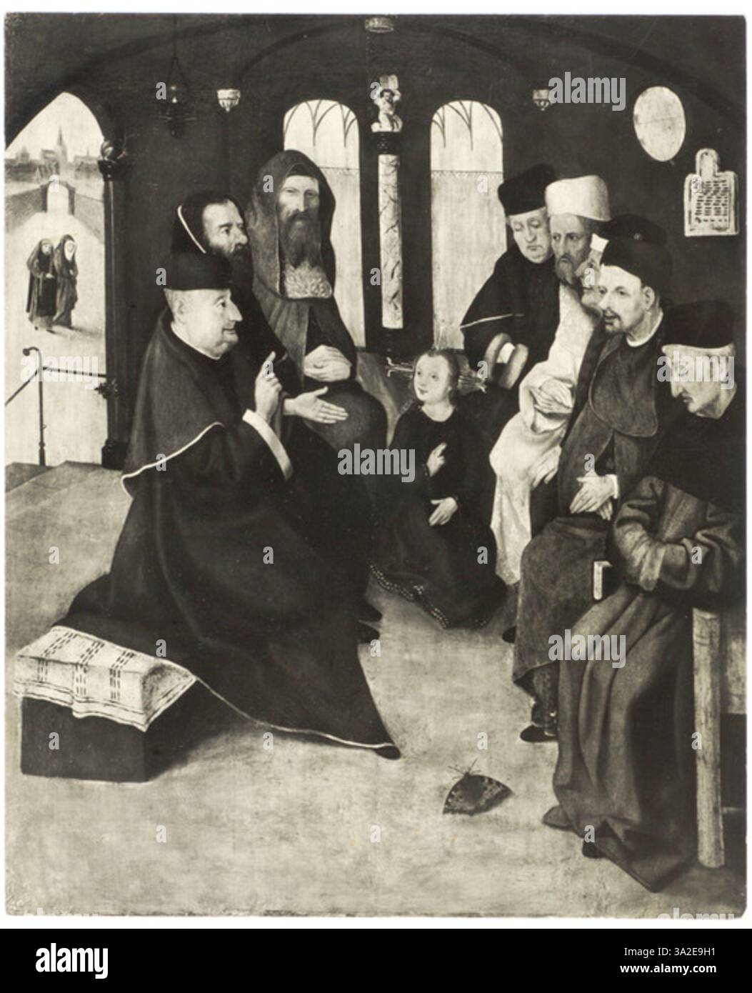Questa opera, dopo Jheronimus Bosch, raffigura la scena biblica della disputa di Cristo con i medici nel tempio, illustrando il giovane Gesù che si impegna con gli studiosi religiosi in un momento di saggezza divina. Foto Stock Questa opera, dopo Jheronimus Bosch, raffigura la scena biblica della disputa di Cristo con i medici nel tempio, illustrando il giovane Gesù che si impegna con gli studiosi religiosi in un momento di saggezza divina. Foto Stock