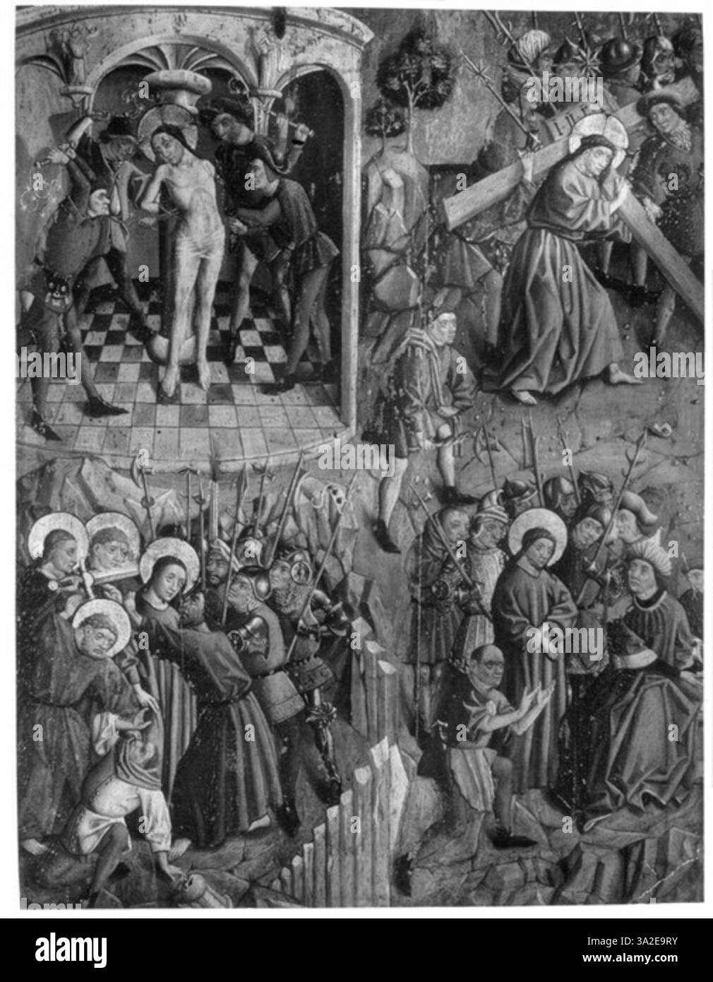 Questa opera anonima dei Paesi Bassi del Nord ritrae diversi momenti chiave della passione di Cristo: Il suo arresto, la sua apparizione davanti a Caifa, il flagello e il trasporto della croce. La composizione cattura la narrazione della sofferenza e del sacrificio. Foto Stock