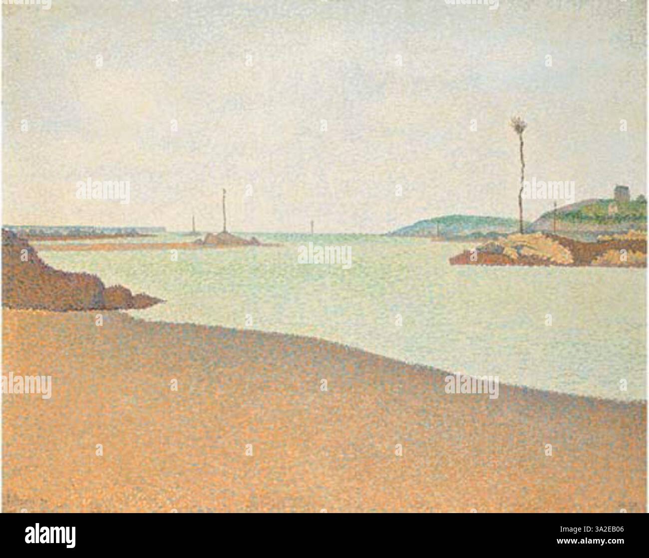 Questo pezzo del 1890 di Signac mostra una scena costiera a Saint-Briac, con marcatori o boe in acqua. Il suo stile puntillista cattura i colori vivaci e i riflessi della luce. Foto Stock