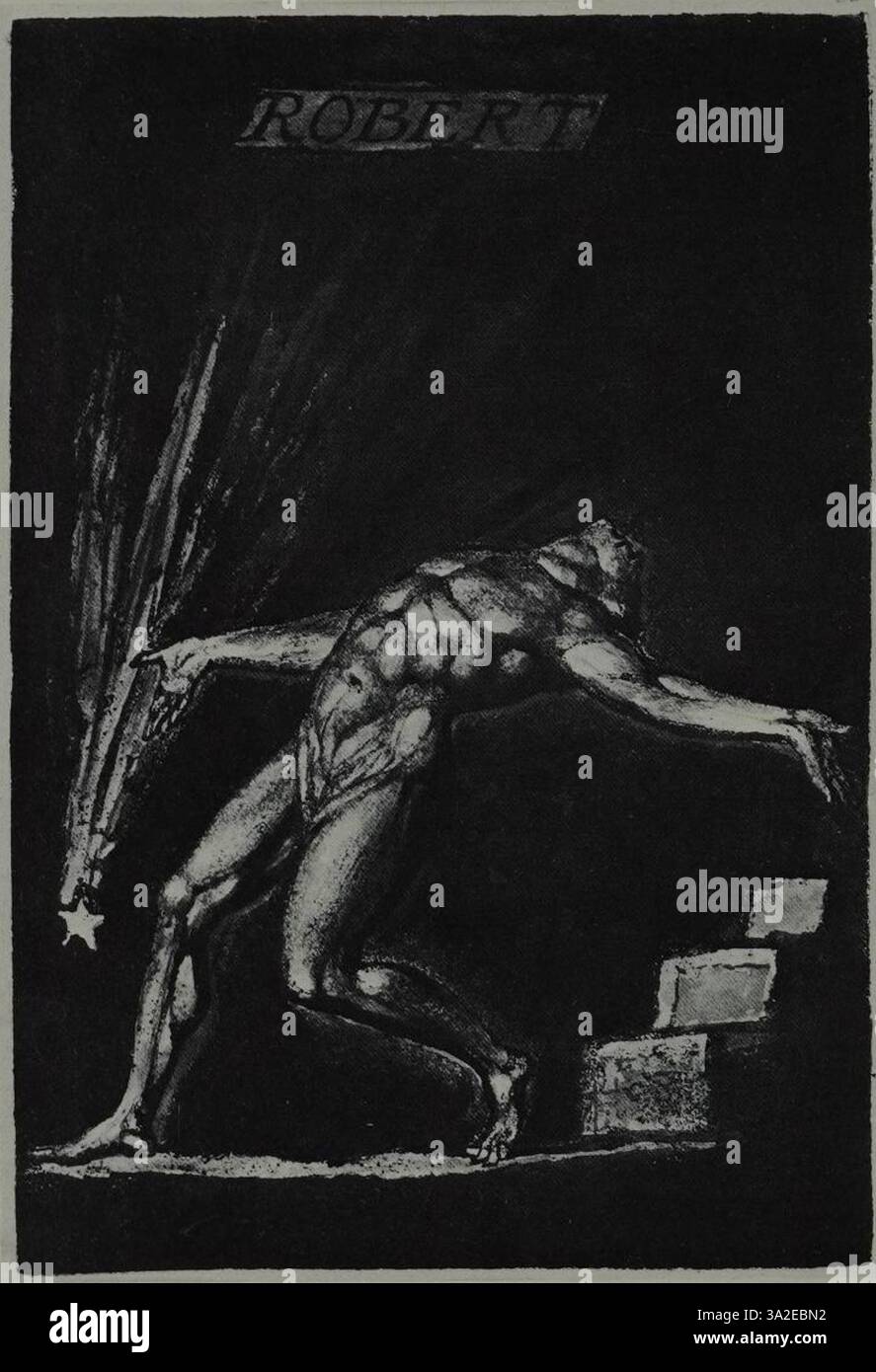 «Bindman 446» mette in mostra la maestria di William Blake nell’arte allegorica, raffigurando il conflitto spirituale e morale attraverso figure espressive ed elementi simbolici. L'opera d'arte approfondisce i temi della luce contro l'oscurità e del bene contro il male. Foto Stock