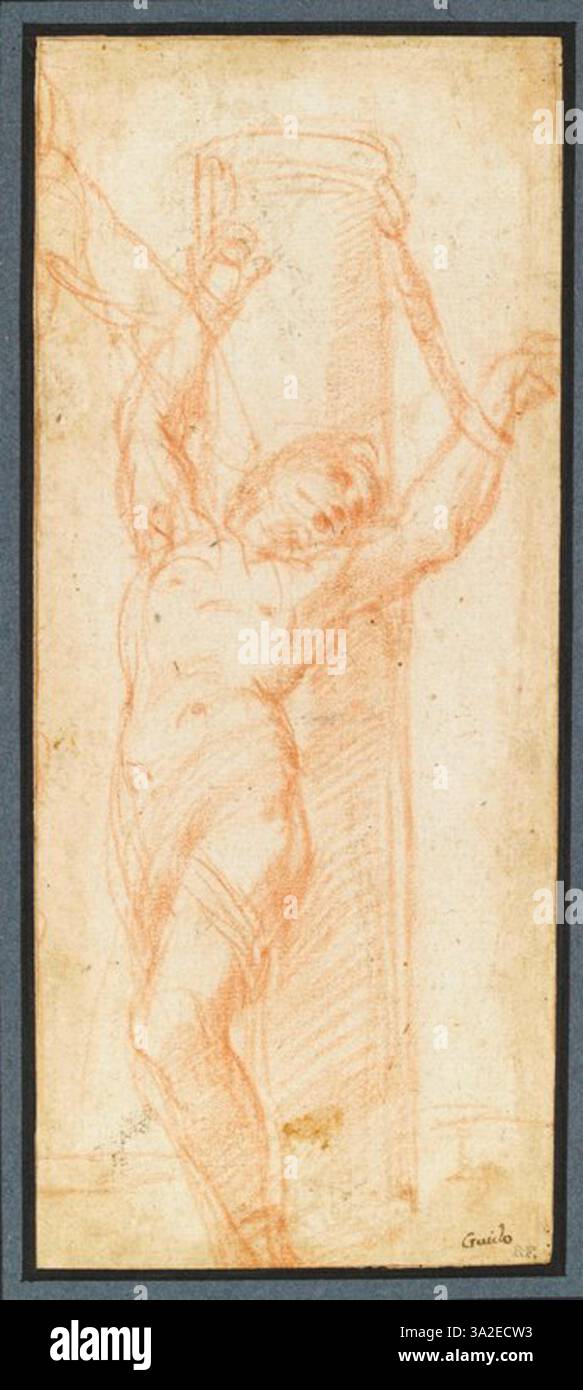 Attribuita a Guido reni, questa opera raffigura San Sebastiano legato a una colonna, che dura il suo martirio. L'espressione serena della figura contrasta con l'intensità della sofferenza, resa in stile barocco. Foto Stock