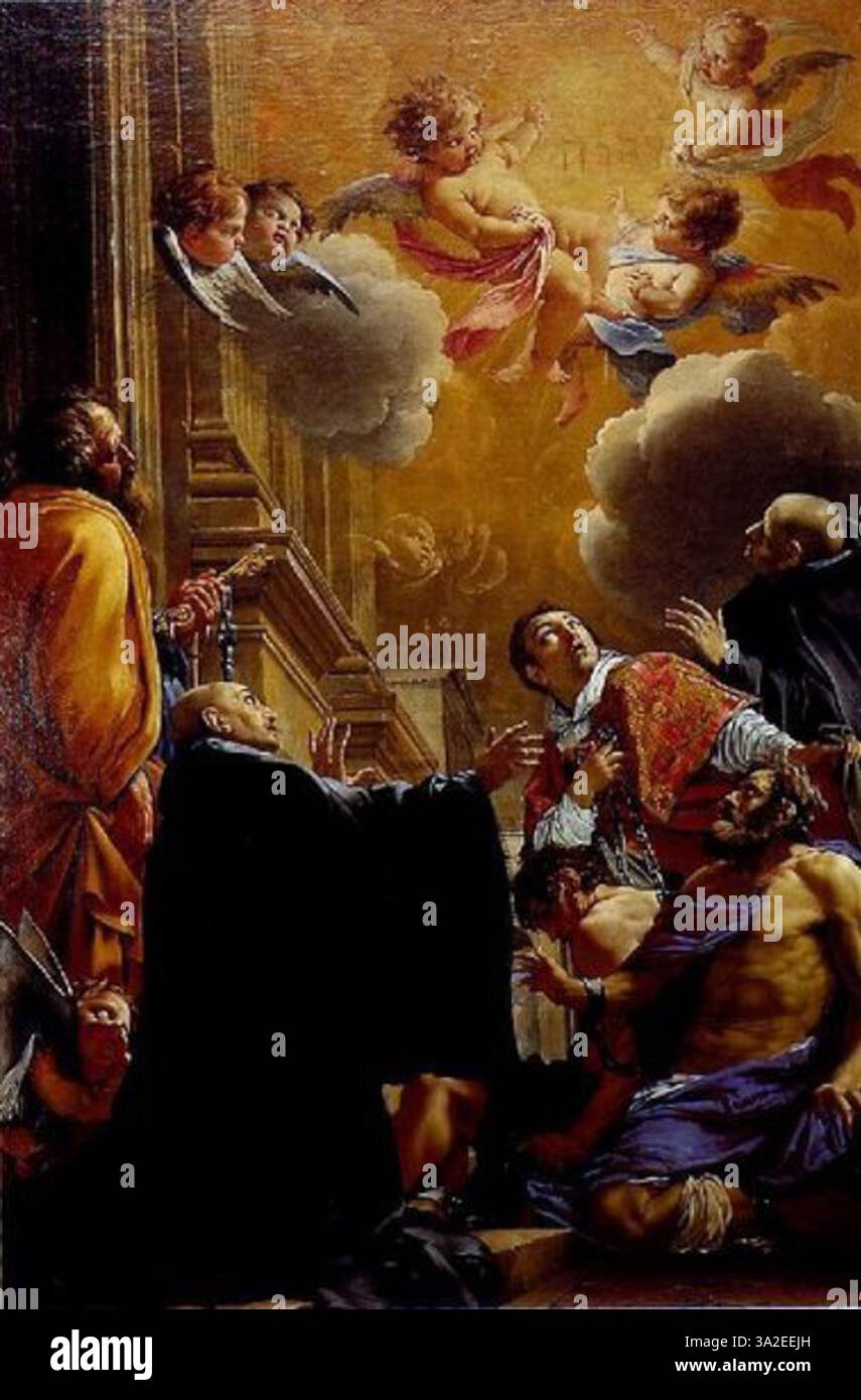 Questo dipinto del 1645 di Simon Vouet ritrae l'adorazione del nome di Dio da parte di quattro santi. L'opera enfatizza la devozione religiosa barocca e la sacra riverenza dei santi nella loro devozione a Dio. Foto Stock