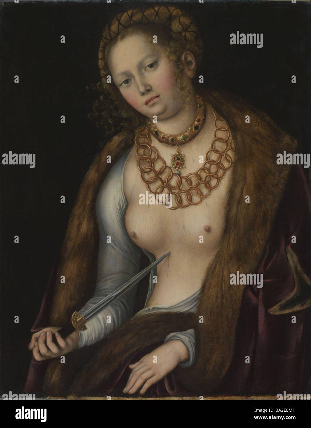 Questo dipinto di Cranach ritrae la leggendaria eroina romana Lucrezia, nota per il suo tragico destino e ruolo nella fondazione della Repubblica Romana. La sua rappresentazione è centrale nei temi della virtù, dell'onore e del sacrificio. Foto Stock