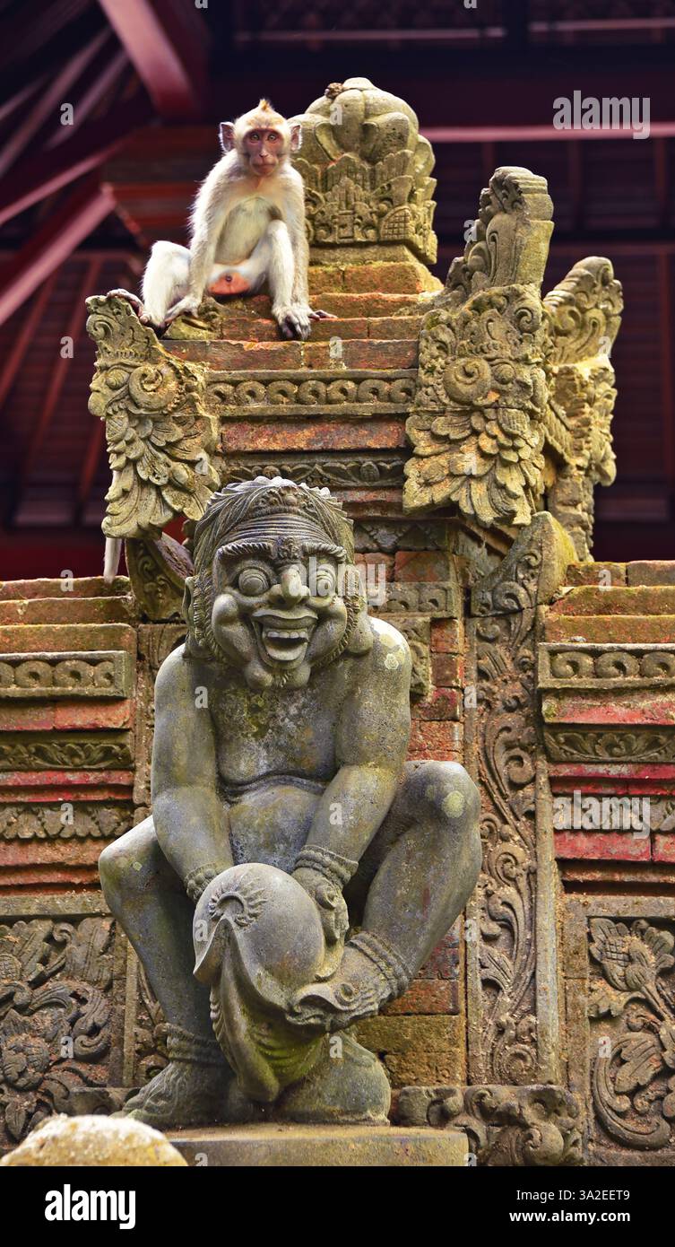 Macaque per mangiare granchi, Macaque Java, Macaque Longtailed (Macaca fascicularis, Macaca irus), si trova sopra una scultura, Indonesia, Bali, Foresta delle scimmie di Ubud Foto Stock