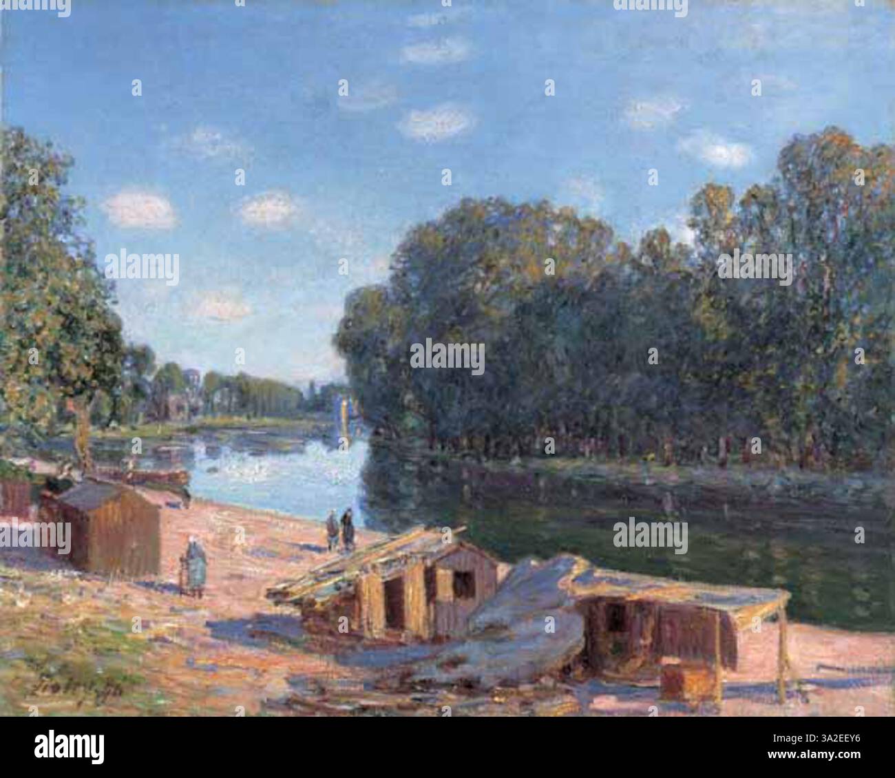 "Cabanes au Bord du Loing, le soir" di Alfred Sisley cattura il tranquillo paesaggio rurale al crepuscolo. L'uso delicato della luce e dei colori trasmette un'atmosfera tranquilla in questa scena impressionista. Foto Stock