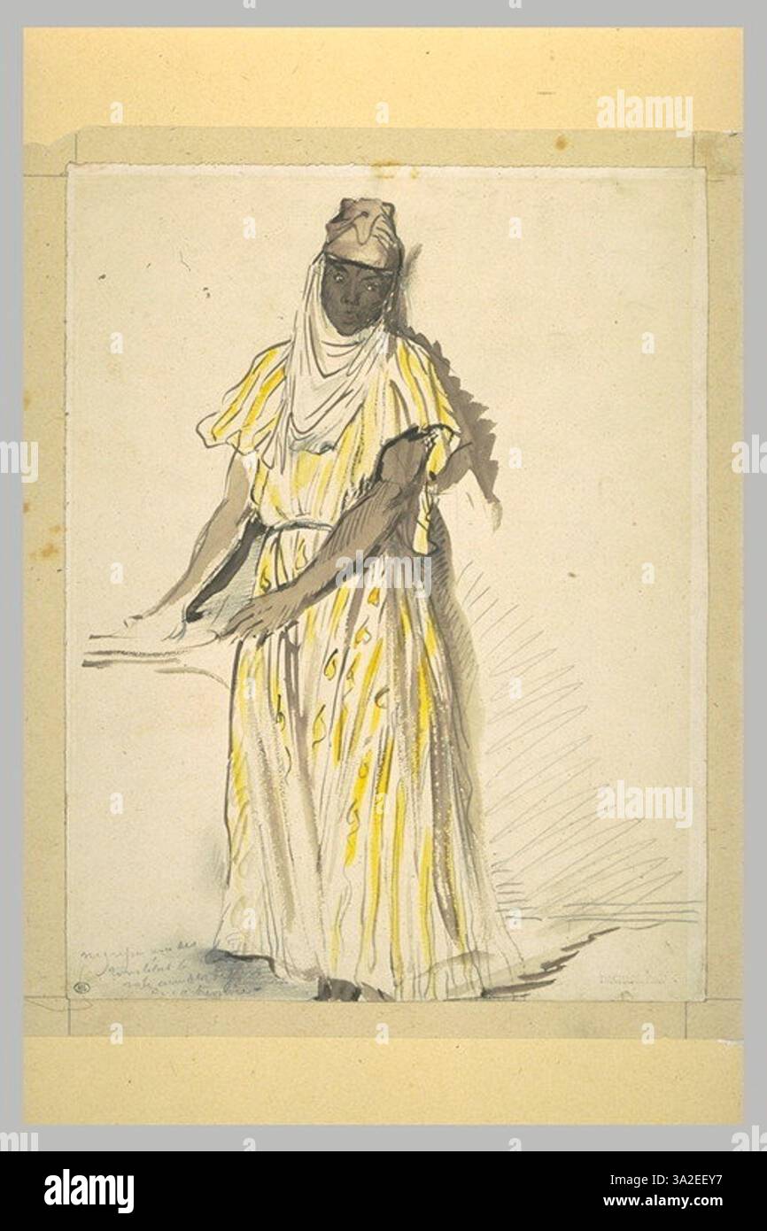 Questo studio rappresenta una donna di Algeri, enfatizzando le sue caratteristiche distintive e il suo abbigliamento culturale. Foto Stock