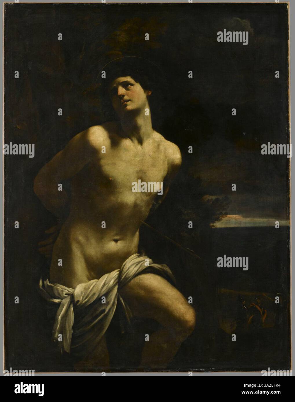 San Sebastiano Martire di Guido reni raffigura il santo in un momento di sofferenza, enfatizzando la sua devozione e il suo coraggio. L'illuminazione drammatica e l'espressione fisica evidenziano l'intensità del suo martirio. Foto Stock