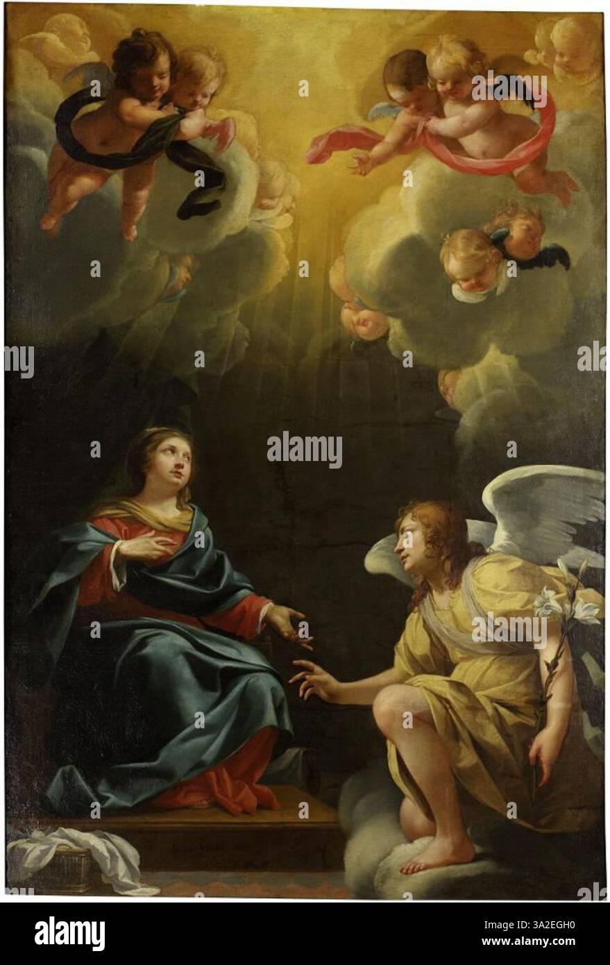 Questo dipinto di Simon Vouet raffigura l'Annunciazione, dove l'angelo Gabriele informa Maria della sua concezione divina. Lo stile barocco cattura il momento sacro con riverenza e presenza divina. Foto Stock