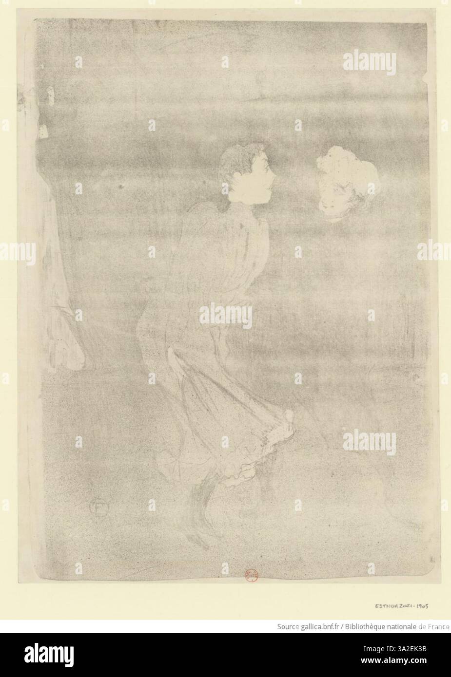 In questa stampa, Toulouse-Lautrec ritrae l'intensa energia di una prova al Folies-Bergère. Emilienne d'Alenco e Mariquita sono mostrati in preparazione per una performance, con l'artista che cattura l'eccitazione dietro le quinte del mondo del teatro. Foto Stock