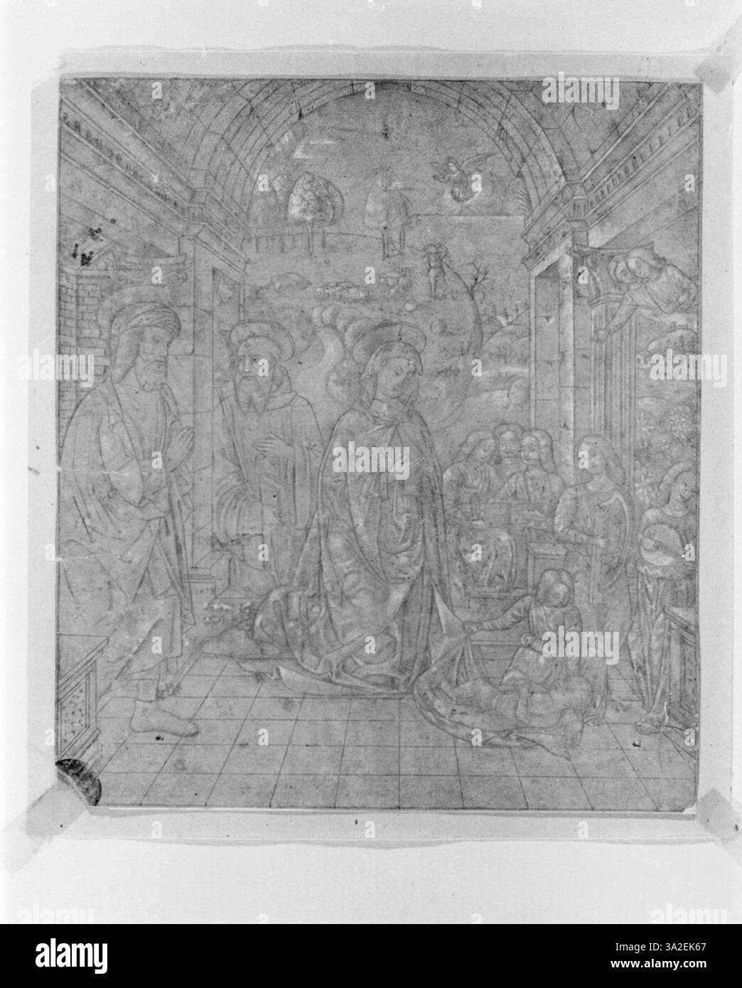 Il Presepio di Vincenzo Foppa ritrae il Presepe, incentrato sulla nascita di Cristo. Questo pezzo esemplifica i temi religiosi centrali del periodo rinascimentale. Foto Stock