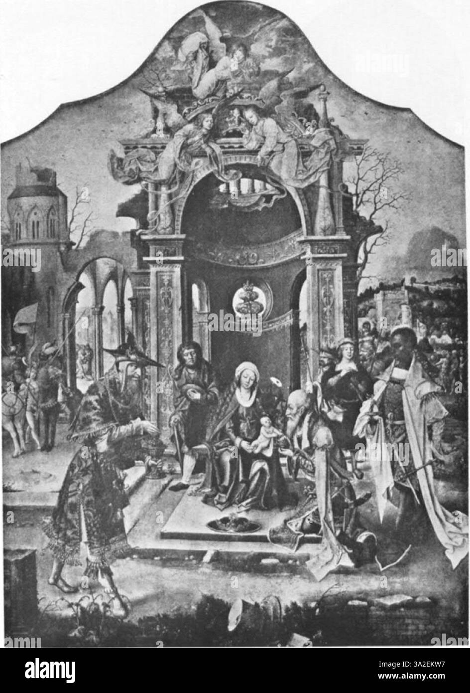 Questo dipinto di Adriaen Ysenbrant mostra lo stile distintivo dei manieristi di Anversa, noti per le sue figure allungate e le composizioni complesse. L'opera presenta dettagli intricati tipici dell'arte olandese primitiva, catturando sia il naturalismo che l'idealizzazione caratteristiche del periodo. Foto Stock