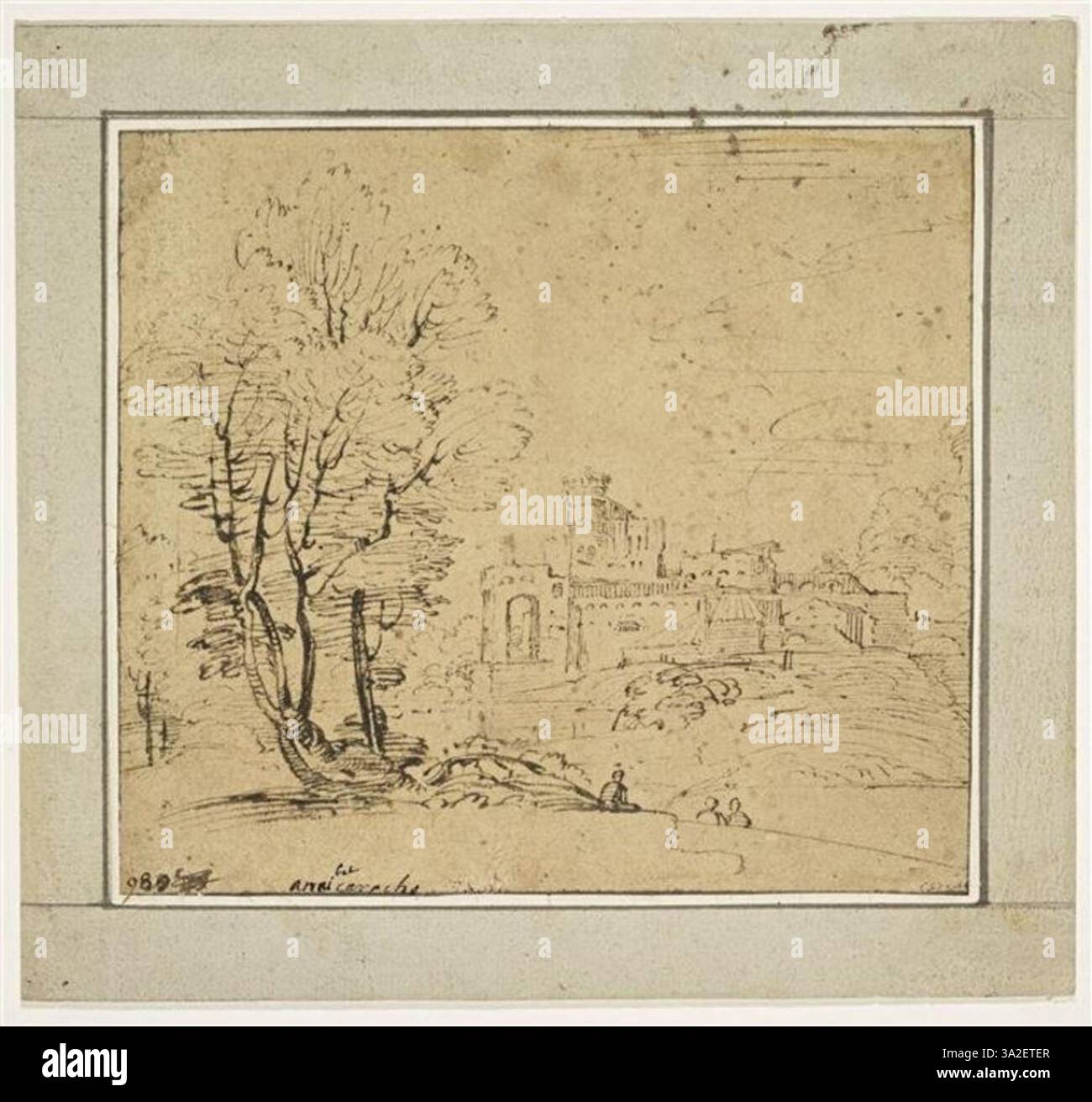 Il paesaggio di Annibale Carracci mostra un boschetto di alberi con una città fortificata in lontananza. La composizione evidenzia il contrasto tra la natura e gli insediamenti umani. Foto Stock