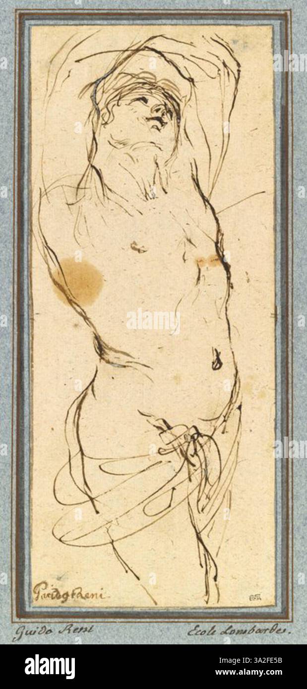 Questo dipinto, attribuito a Guido reni, ritrae San Sebastiano, spesso raffigurato come un martire. La composizione si concentra sulla sua sofferenza e serenità divina, caratteristica del periodo barocco. Foto Stock