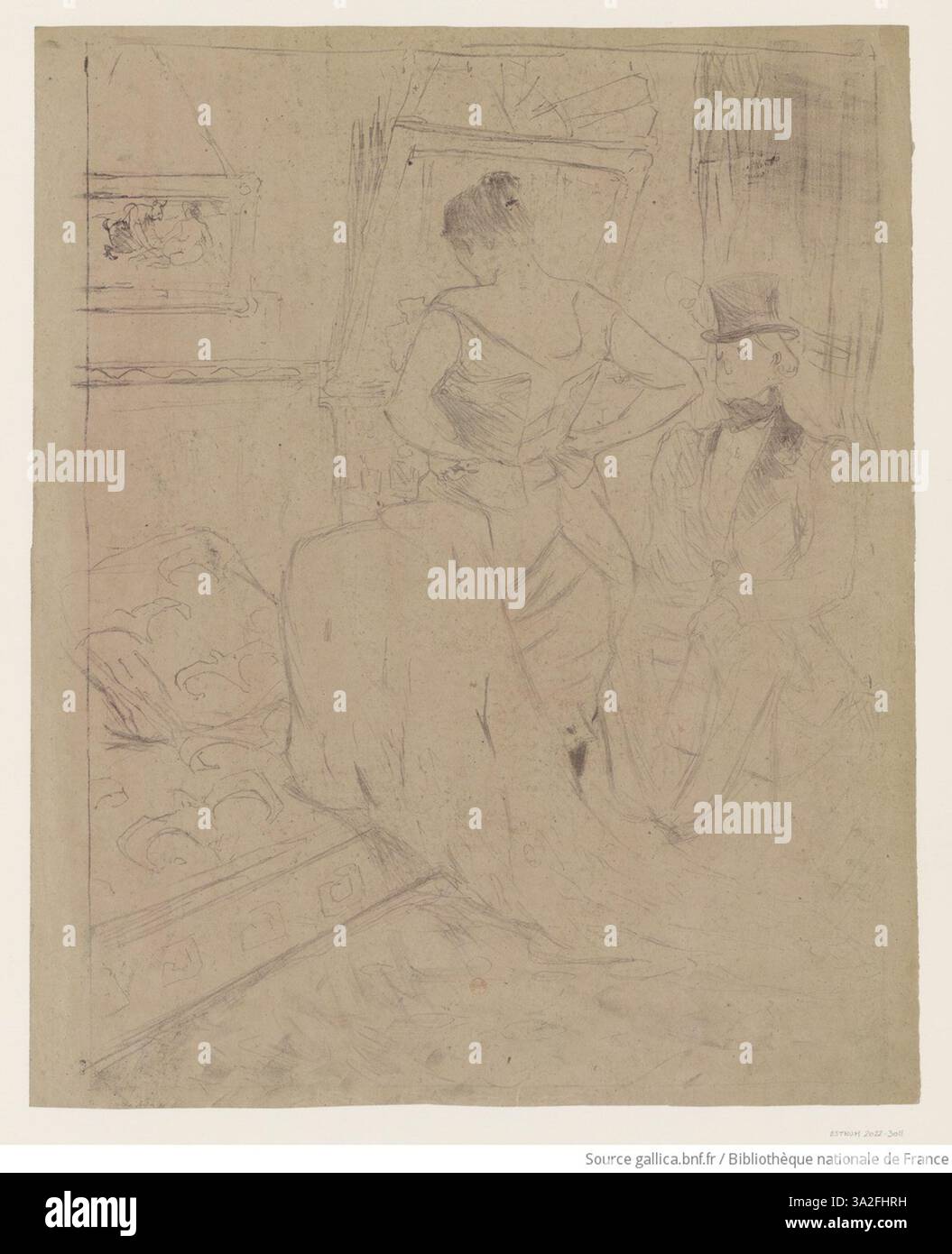 "Femme en corset - Conquête de passage" mostra una donna che indossa un corsetto, con Toulouse-Lautrec che sottolinea la sua figura e l'intensità della sua espressione. La composizione sottolinea il tema dell'allure femminile nel contesto della società parigina contemporanea. Foto Stock