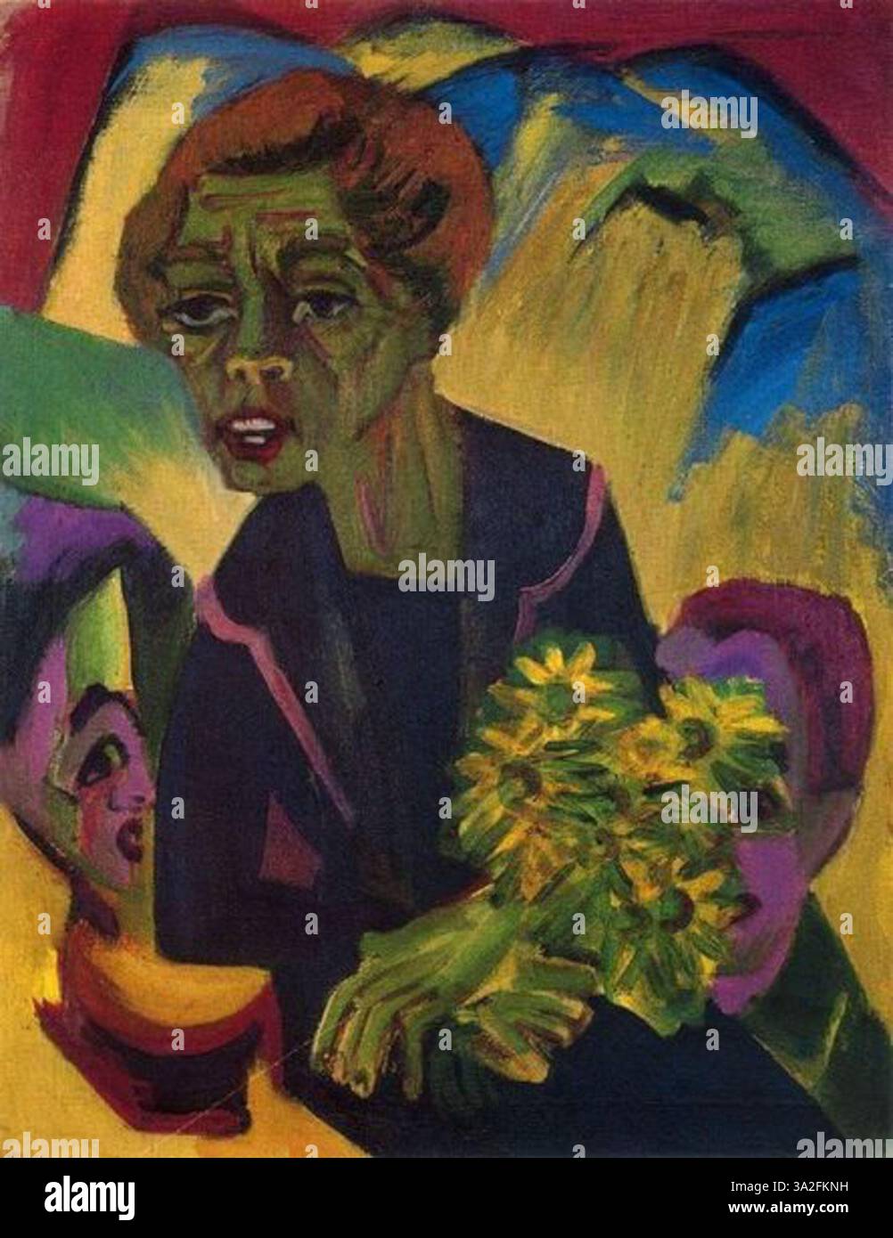 Questo pezzo raffigura una donna contadina e dei bambini, dipinti con linee dinamiche e colori ricchi, che riflettono la vita quotidiana e la semplicità dell'esistenza rurale. Foto Stock