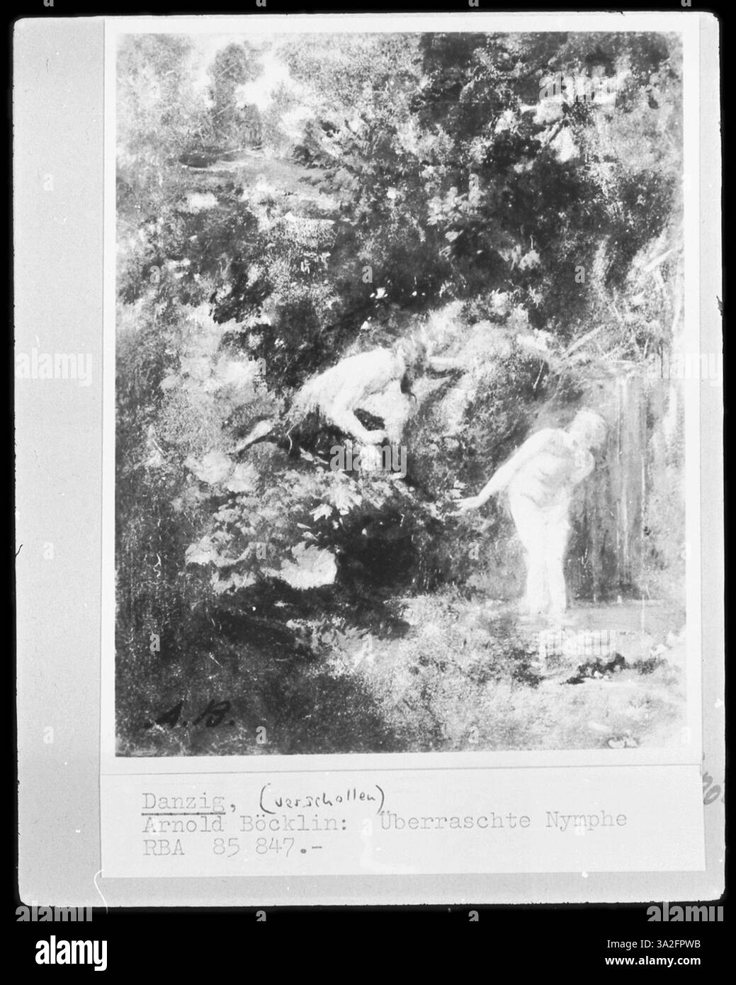 "Überraschte Nymphe" (1855 circa) di Arnold Böcklin presenta una ninfa catturata in un momento di sorpresa. Il dipinto si concentra sulla delicata bellezza e vulnerabilità della figura mitica. Foto Stock