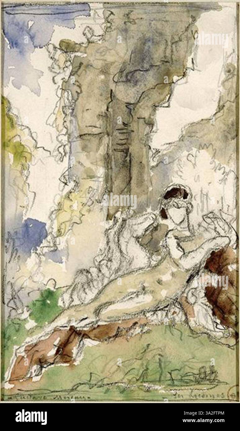 "Femme et licorne" di Gustave Moreau mostra una figura femminile in un incontro surreale con un unicorno, mescolando temi di femminilità e mito. L'opera è ricca di significato simbolico e intrighi visivi. Foto Stock