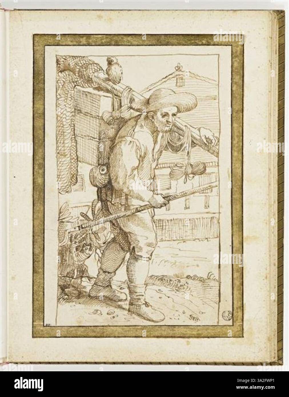 Questo disegno di Annibale Carracci raffigura un cacciatore di gufi ("uccellatore con la civetta"). La figura è raffigurata tenendo in mano un gufo, che mostra la pratica comune della caccia agli uccelli nel periodo, con attenzione alla posa del cacciatore e all'ambiente circostante. Foto Stock Questo disegno di Annibale Carracci raffigura un cacciatore di gufi ("uccellatore con la civetta"). La figura è raffigurata tenendo in mano un gufo, che mostra la pratica comune della caccia agli uccelli nel periodo, con attenzione alla posa del cacciatore e all'ambiente circostante. Foto Stock