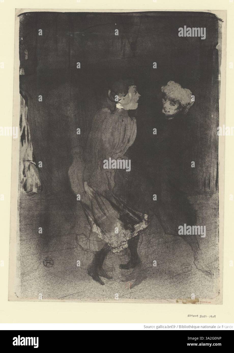 Questa immagine, "Répétition générale aux Folies-Bergère", mostra l'energia dinamica di una prova al Folies-Bergère, con Emilienne d'Alenco e Mariquita come punto focale. Toulouse-Lautrec cattura i loro movimenti, aggiungendo all'atmosfera vibrante del palcoscenico parigino. Foto Stock