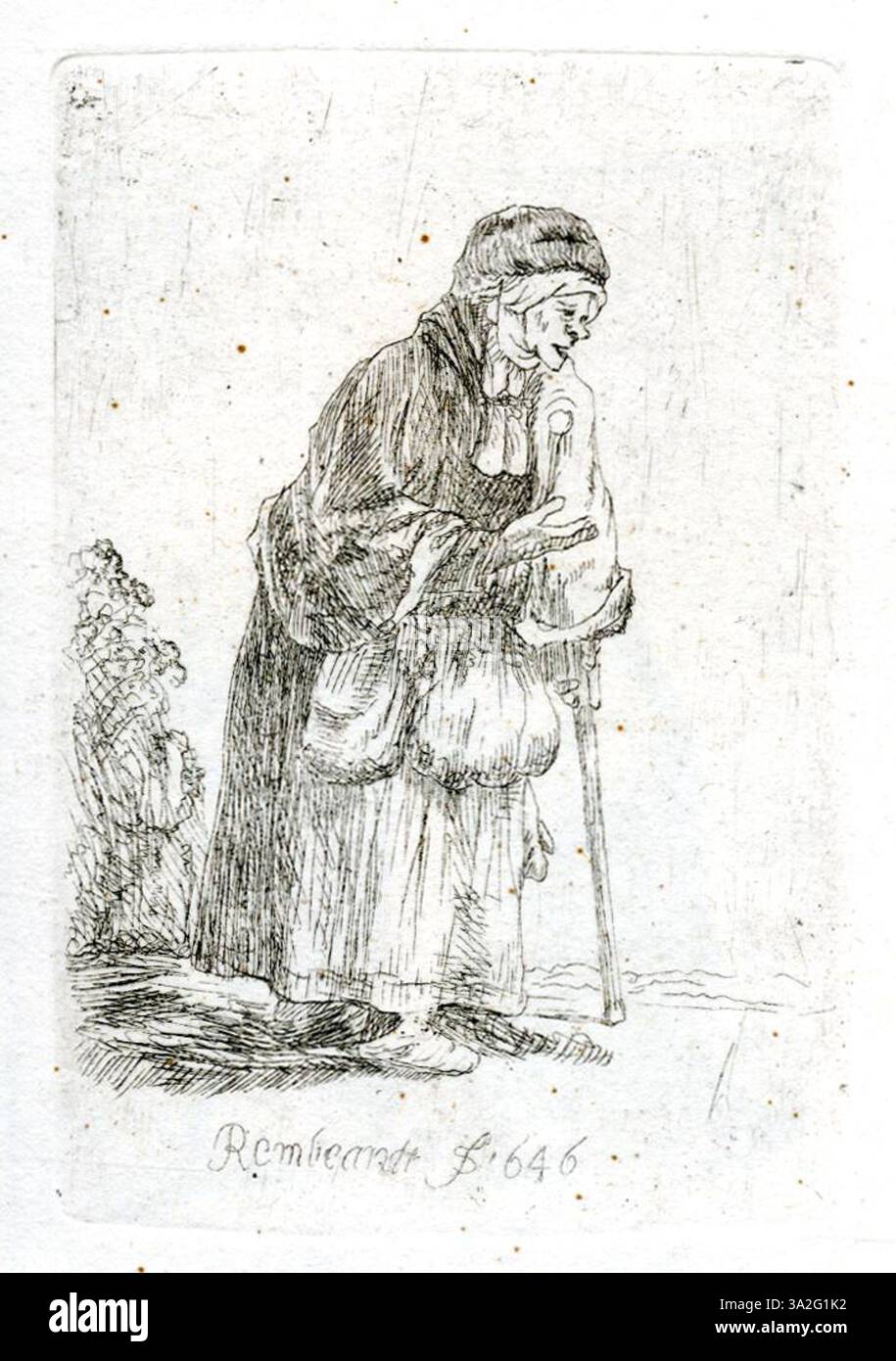 Questa opera d'arte di Rembrandt presenta l'uso esclusivo dell'illuminazione dell'artista per creare contrasto e dare vita al soggetto. L'espressione del soggetto è contemplativa, con l'uso di tonalità ricche e scure che evidenziano l'umore del pezzo. Foto Stock