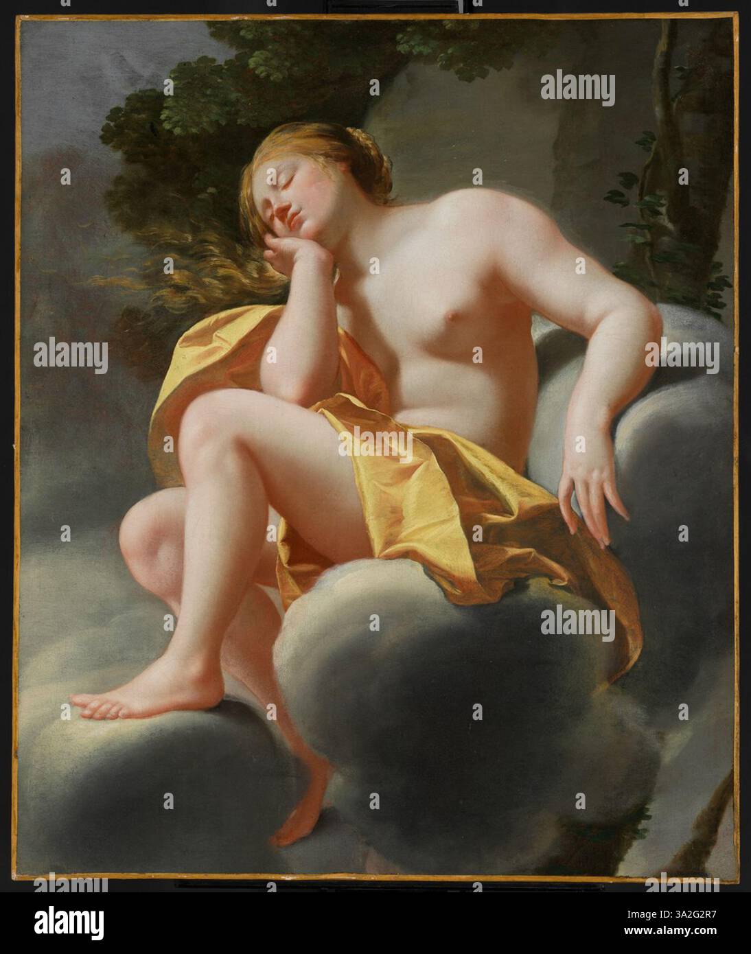 Questo lavoro del laboratorio di Vouet raffigura Venere sdraiato sulle nuvole. Il dipinto enfatizza la sua espressione serena e la rappresentazione mitica della dea dell'amore. Foto Stock