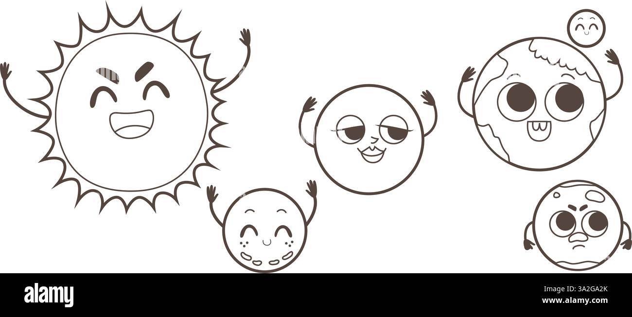 Vettoriale lineart illustrazione di Sole, mercurio, Venere, Terra, Marte isolato su sfondo bianco Illustrazione Vettoriale