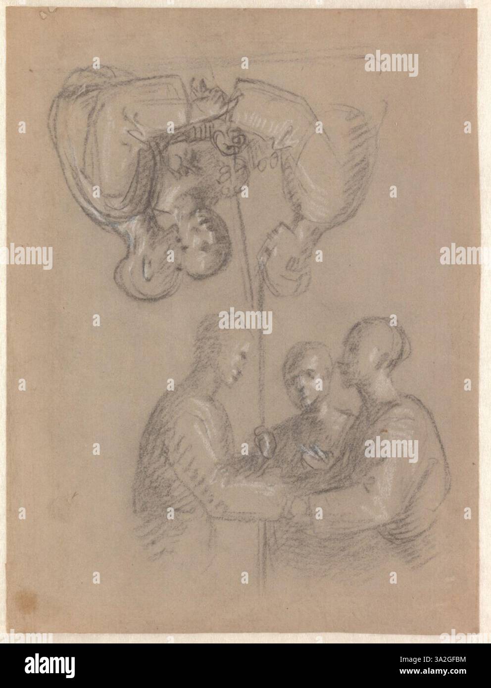 I due studi di fra Bartolommeo raffigurano Cristo e i pellegrini sulla strada per Emmaus. Questi disegni preparatori esplorano le pose e i gesti delle figure per l'affresco. Foto Stock