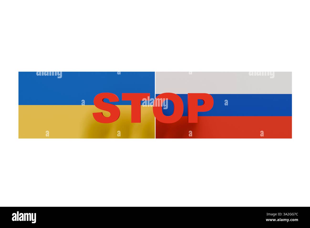 Modello 3D della bandiera di Ucraina e Russia su sfondo bianco e il testo stop rosso, bandiera di due paesi, stop guerra Foto Stock