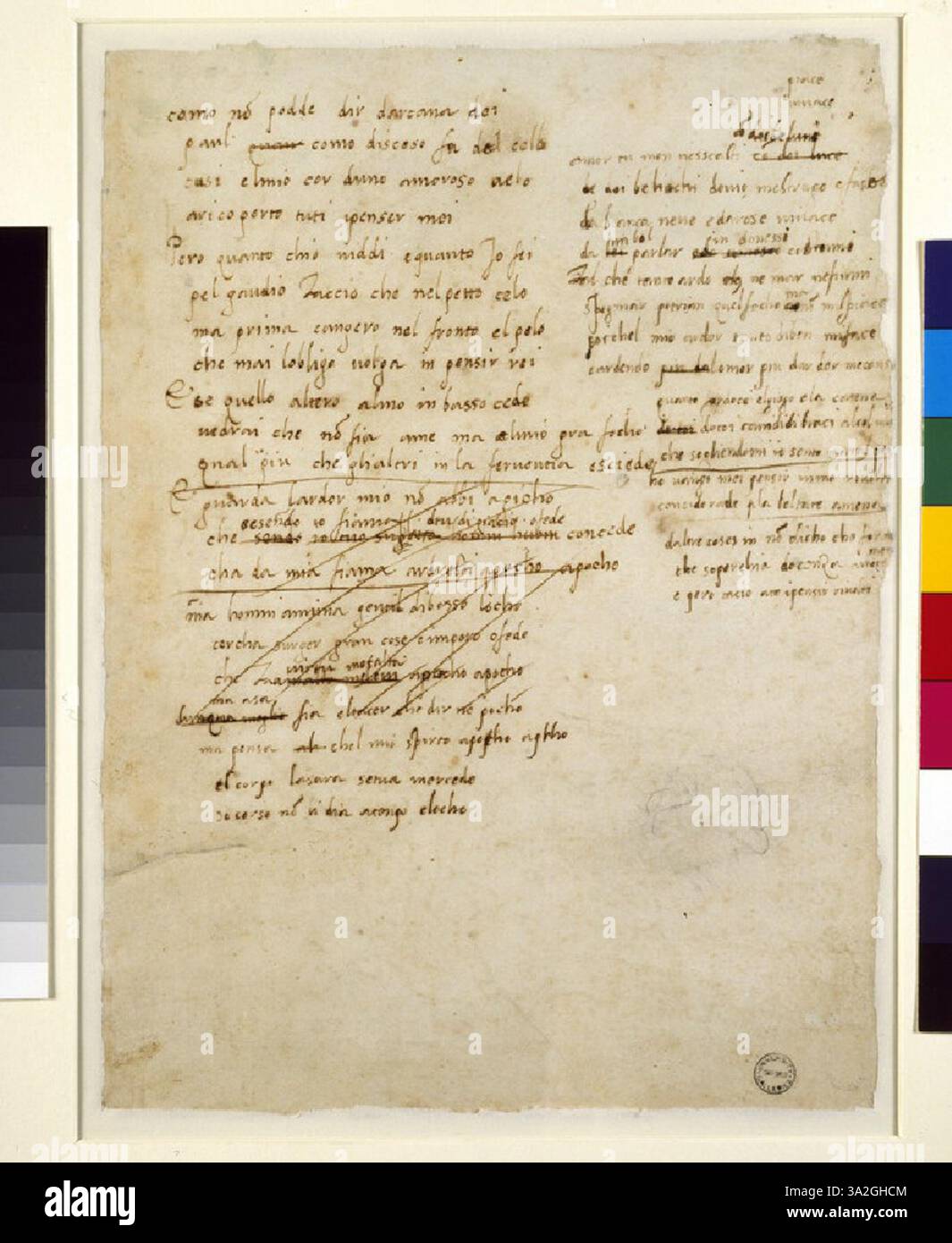 Questo verso sketch include due bozze di sonetti scritti da Raffaello, che mostrano il suo coinvolgimento in opere letterarie insieme alla sua arte visiva. I sonetti riflettono la profondità emotiva del suo tempo. Foto Stock