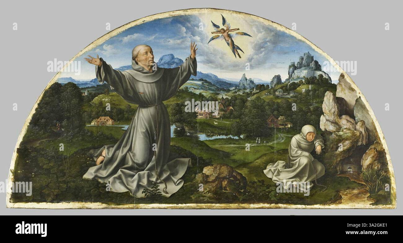 "Retable de la Déploration" di Joos van Cleve, dipinto tra il 1520 e il 1525, raffigura la stigmatisazione di San Francesco d'Assisi, mostrando un profondo simbolismo religioso in uno stile rinascimentale di pala d'altare. Foto Stock "Retable de la Déploration" di Joos van Cleve, dipinto tra il 1520 e il 1525, raffigura la stigmatisazione di San Francesco d'Assisi, mostrando un profondo simbolismo religioso in uno stile rinascimentale di pala d'altare. Foto Stock