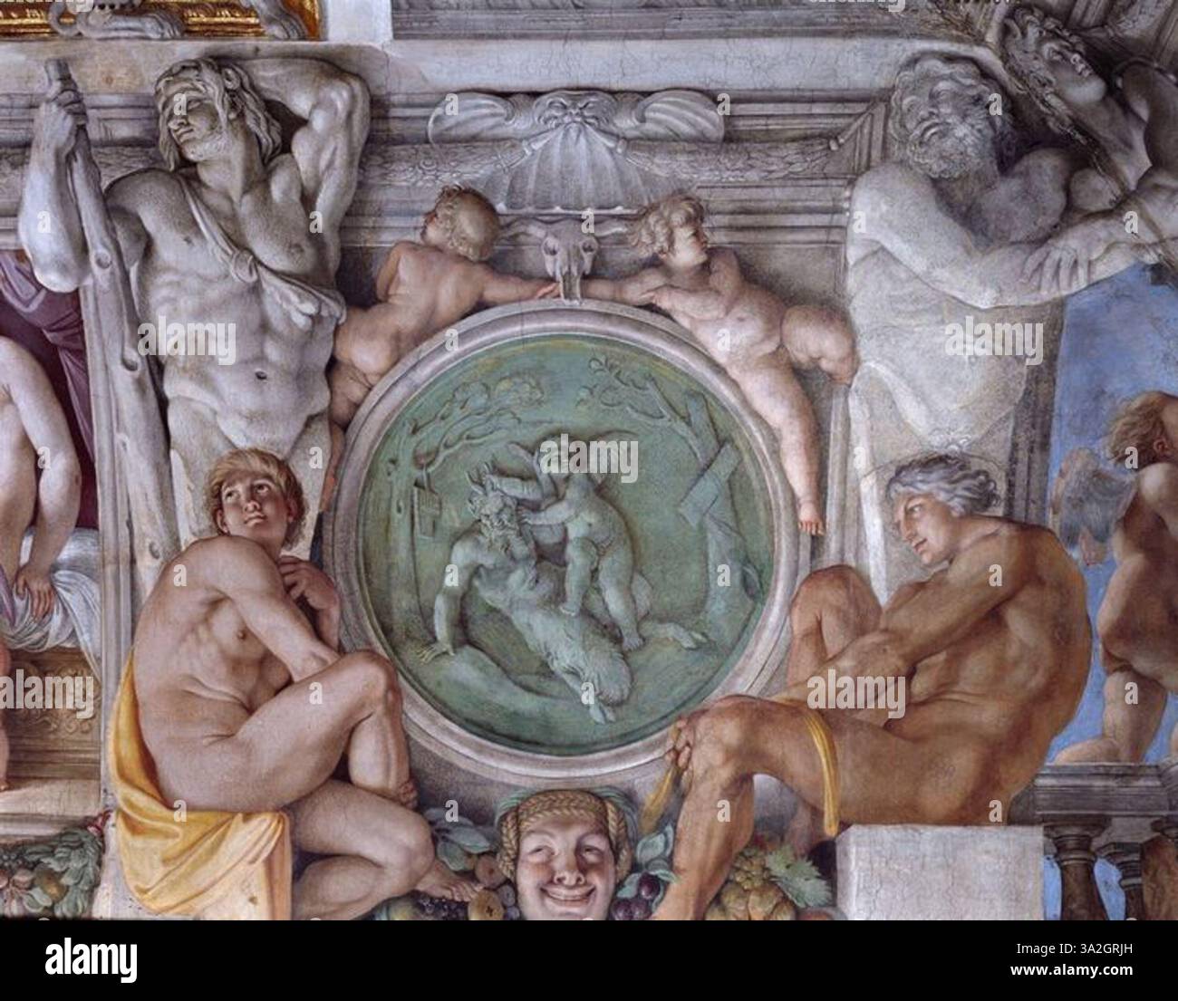 Pan et l'Amour di Annibale Carracci, dipinto nel 1597, fa parte di un affresco a soffitto nel Palazzo Farnese di Roma. L'affresco ritrae l'interazione giocosa tra Pan, il dio della natura, e Amor, il dio dell'amore. Foto Stock