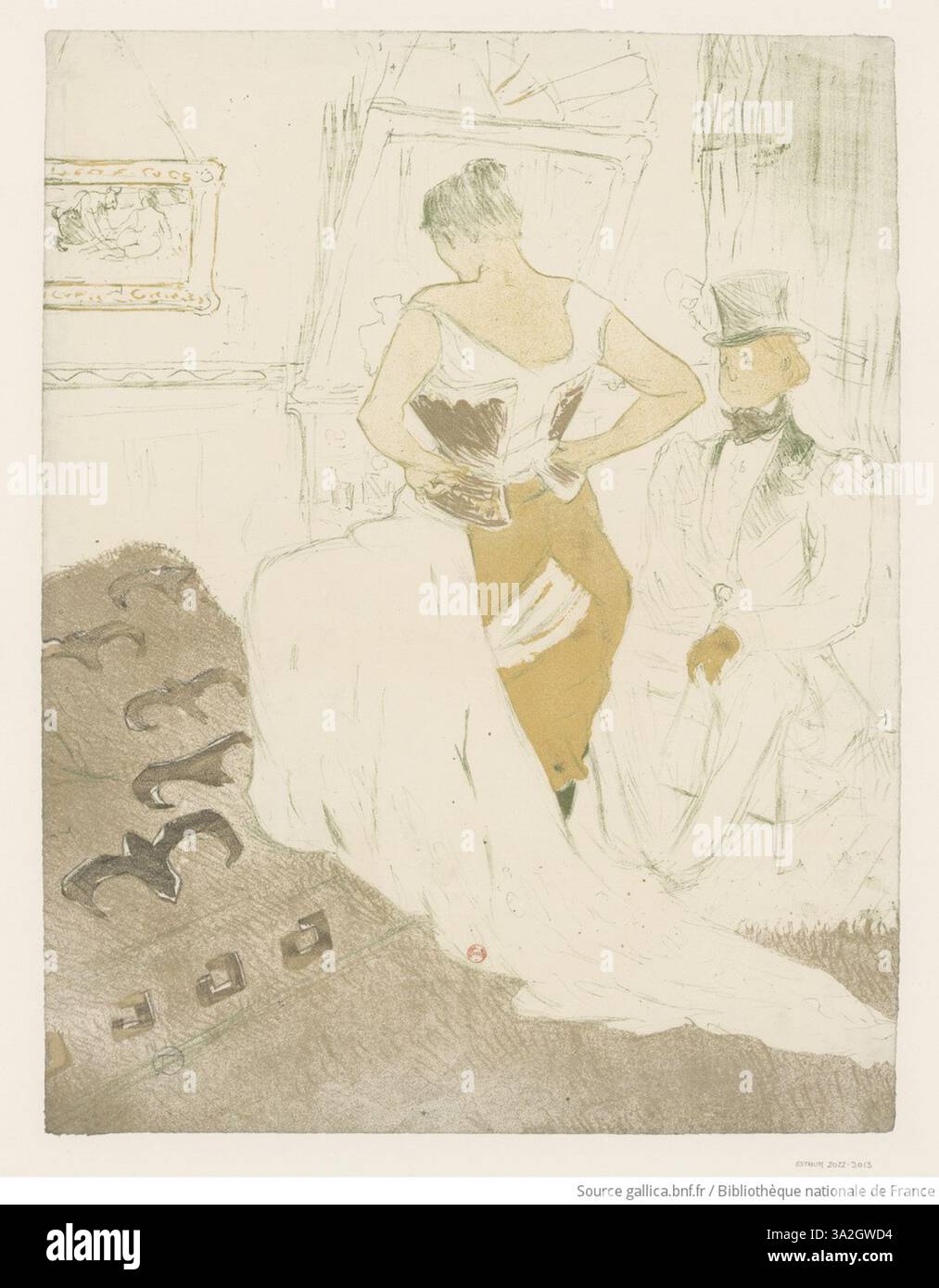 In "Femme en corset - Conquête de passage", Lautrec cattura una donna in un corsetto, enfatizzando la sua eleganza e l'intensità del suo personaggio attraverso vivaci contrasti di colore e linee espressive. Foto Stock