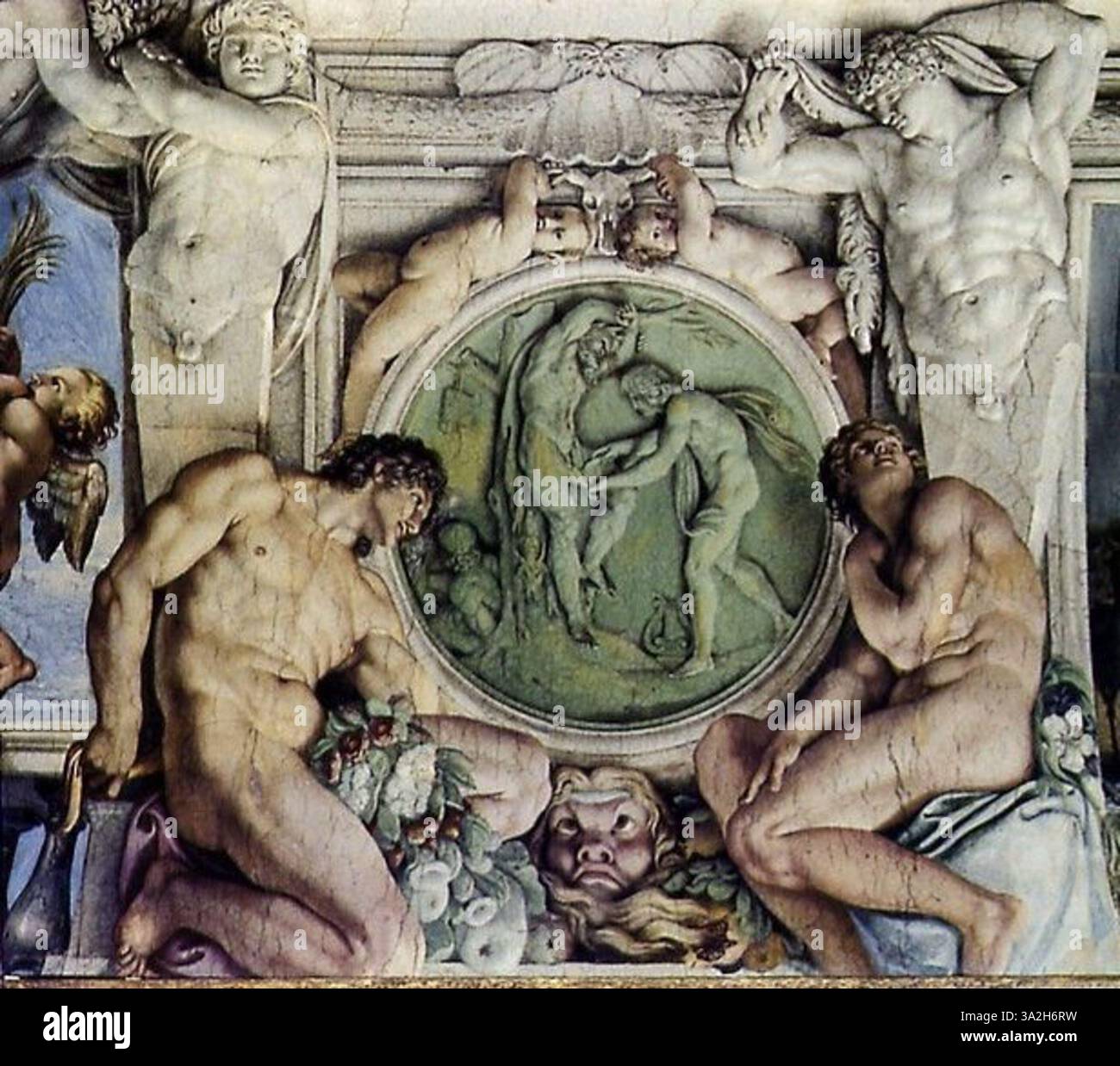 Apollon écorche Marsyas di Annibale Carracci, dipinto nel 1597, raffigura il mito della punizione di Apollo nei confronti di Marsyas, mostrato in vivido dettaglio in un affresco a Palazzo Farnese a Roma. Foto Stock