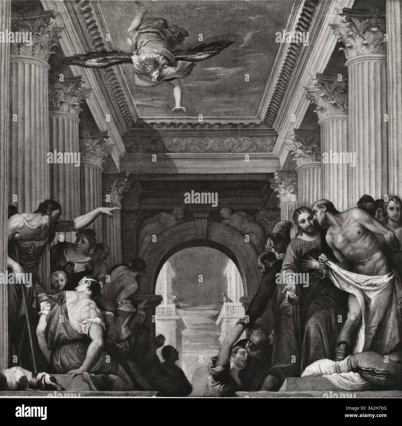 Questo dipinto del XVI secolo di un artista anonimo mostra la piscina di Bethesda, una scena biblica del nuovo Testamento dove Gesù guarisce i malati. Il dipinto riflette i temi religiosi del tempo. Foto Stock