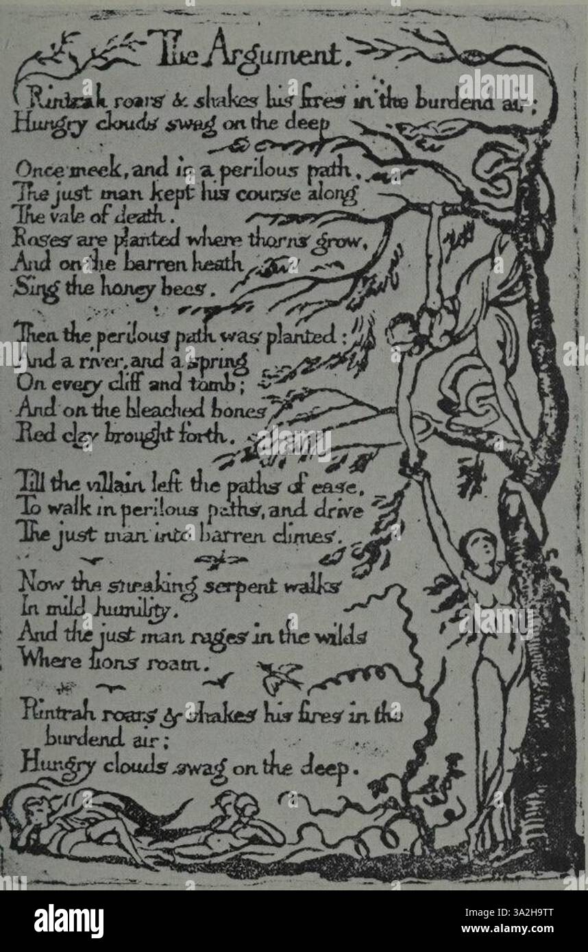 "Blake - Bindman, 083" di William Blake cattura un intenso conflitto spirituale, rappresentato da figure simboliche che lottano tra forze opposte di luce e oscurità. Foto Stock