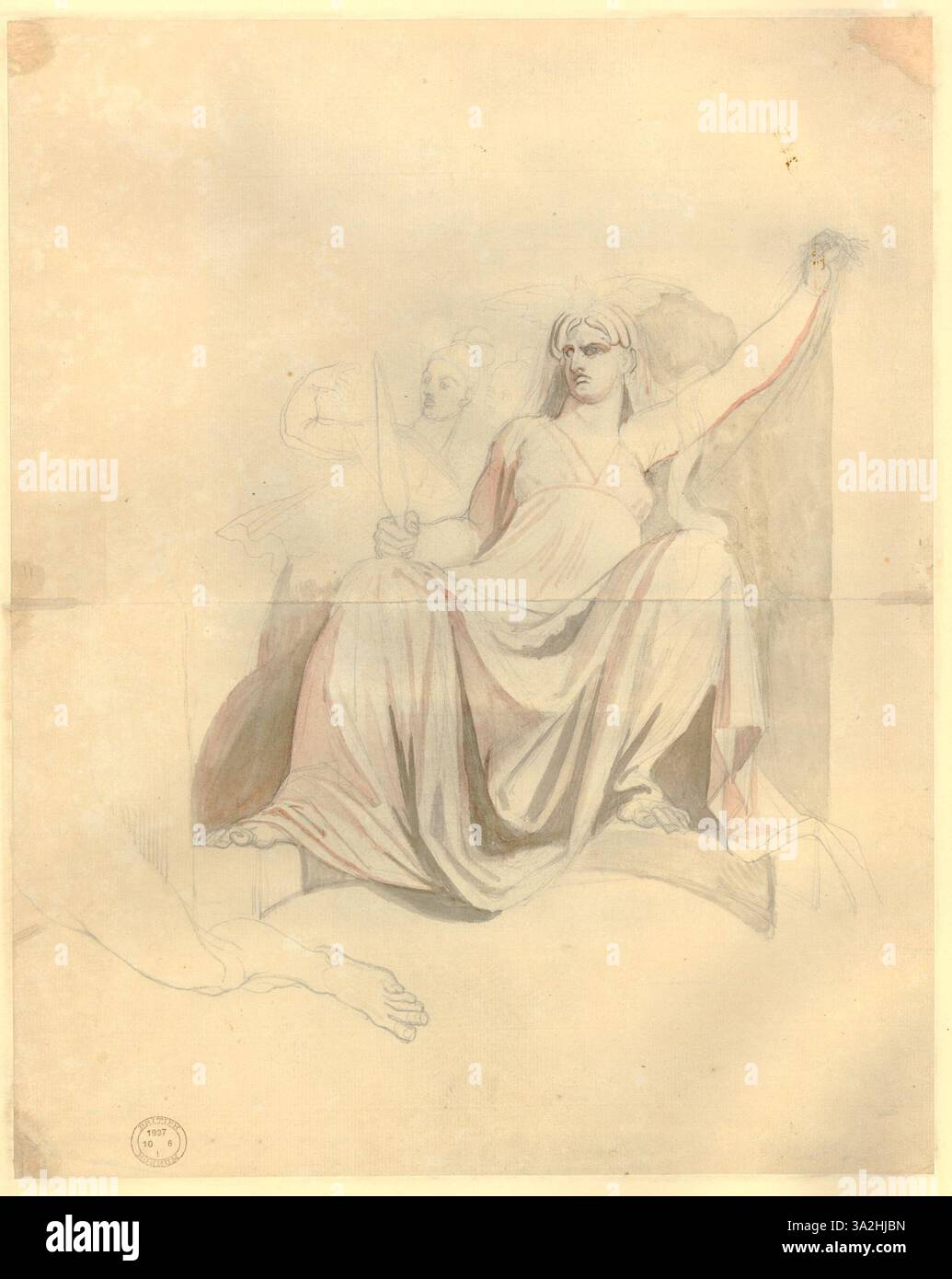 Questo disegno verso illustra i tre Fati, ispirati a "Iside e Osiride" di Plutarco e alla "Repubblica" di Platone. Le figure rappresentano la natura inevitabile del destino e sono raffigurate con composizioni forti e drammatiche. Foto Stock