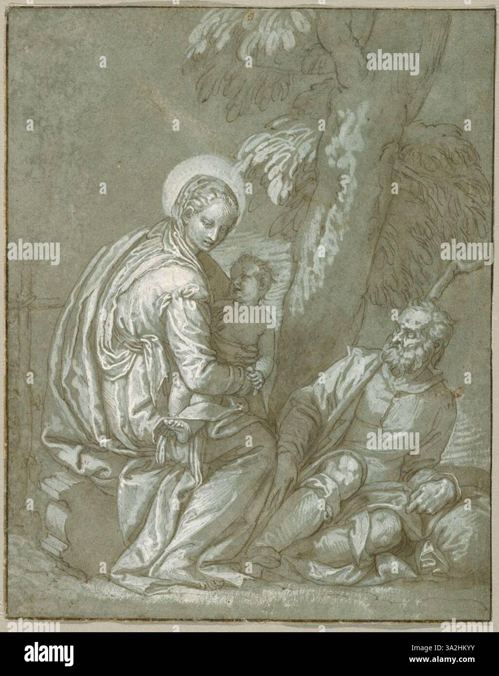 Questo dipinto del Veronese raffigura la Sacra famiglia che riposa durante la loro fuga in Egitto, catturando il momento sereno come parte della narrazione biblica di protezione e rifugio. Foto Stock