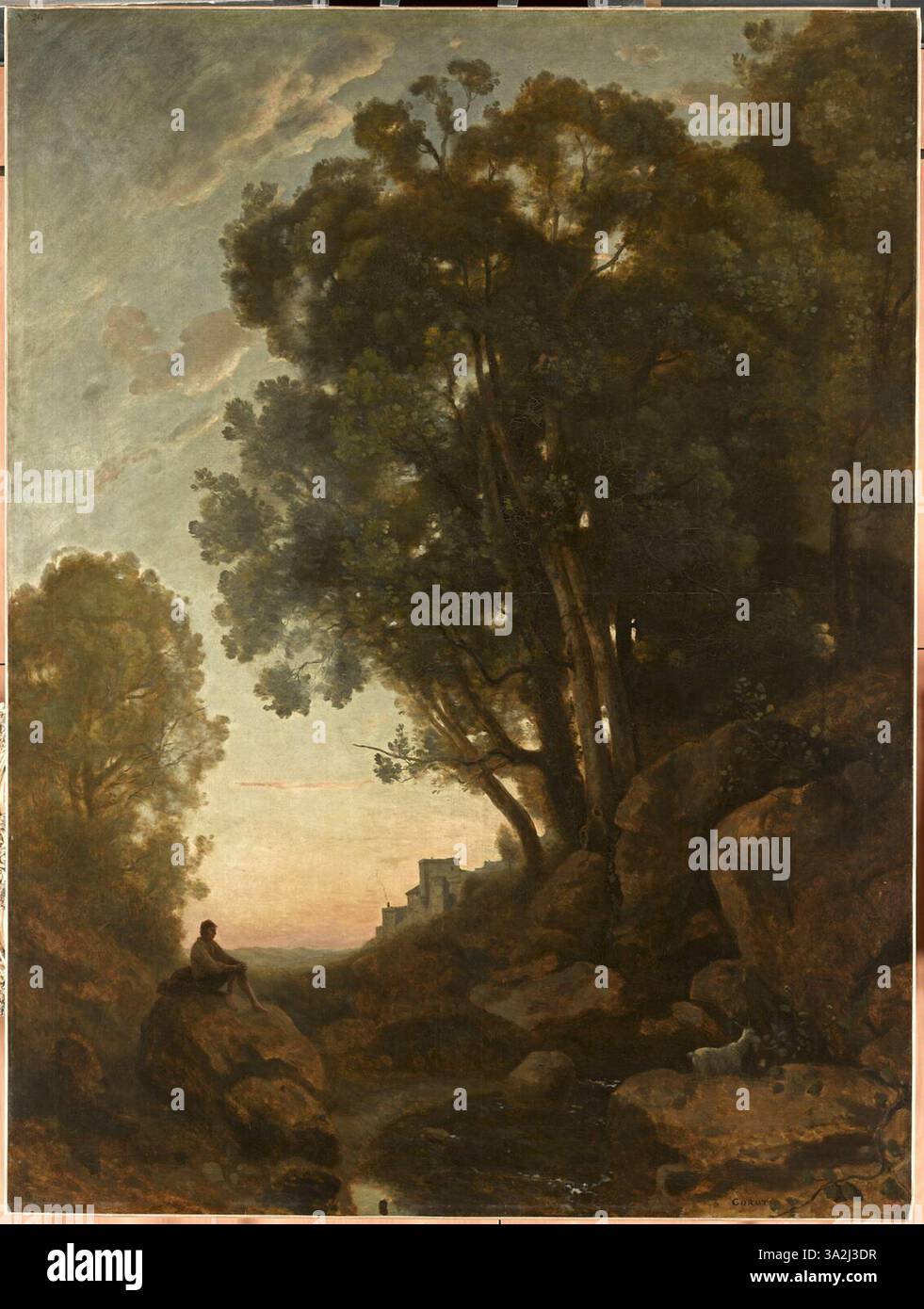 *Le Chevrier Italien* di Jean-Baptiste Camille Corot raffigura un pastore italiano con il suo gregge al tramonto. Il dipinto cattura le calde sfumature e la luce soffusa del sole che tramonta nella campagna italiana. Foto Stock