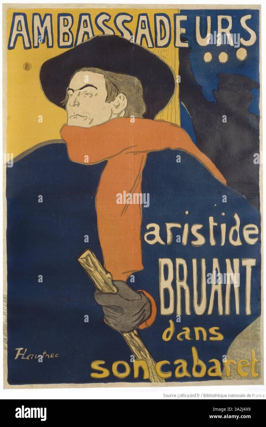Il poster di Toulouse-Lautrec cattura Aristide Bruant che si esibisce al suo cabaret, sottolineando lo spirito energico e vivace della vita notturna parigina alla fine del XIX secolo. Foto Stock